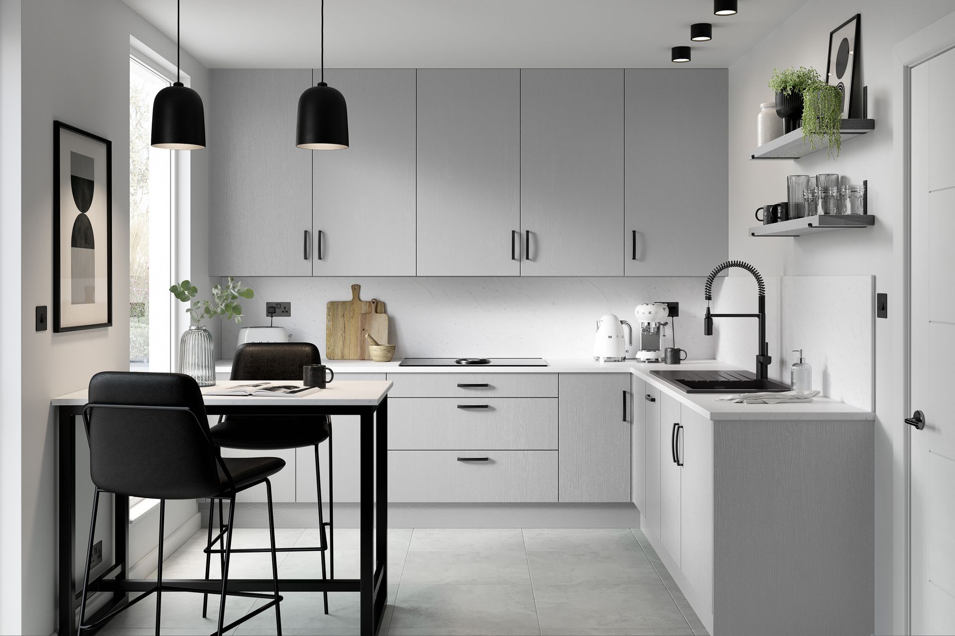 Modern, light gray kitchen with black bar stools, a small dining table, minimalist cabinets, and open wall shelving.