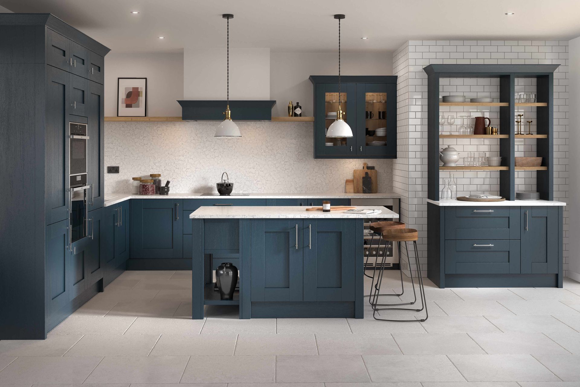 Modern kitchen with navy blue Shaker-style cabinets, a central island, and white tiled walls and flooring.