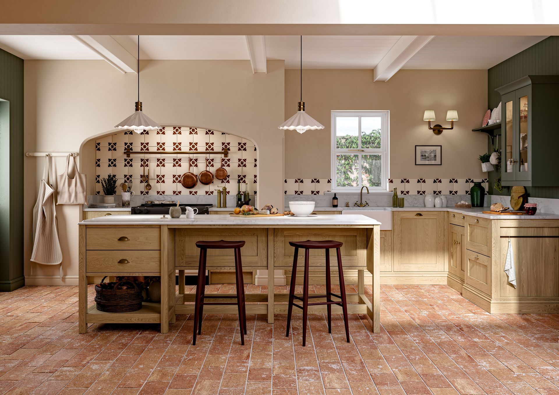 Rustic kitchen with light wood cabinetry, a central island with stools, brick flooring, and patterned arched backsplash.