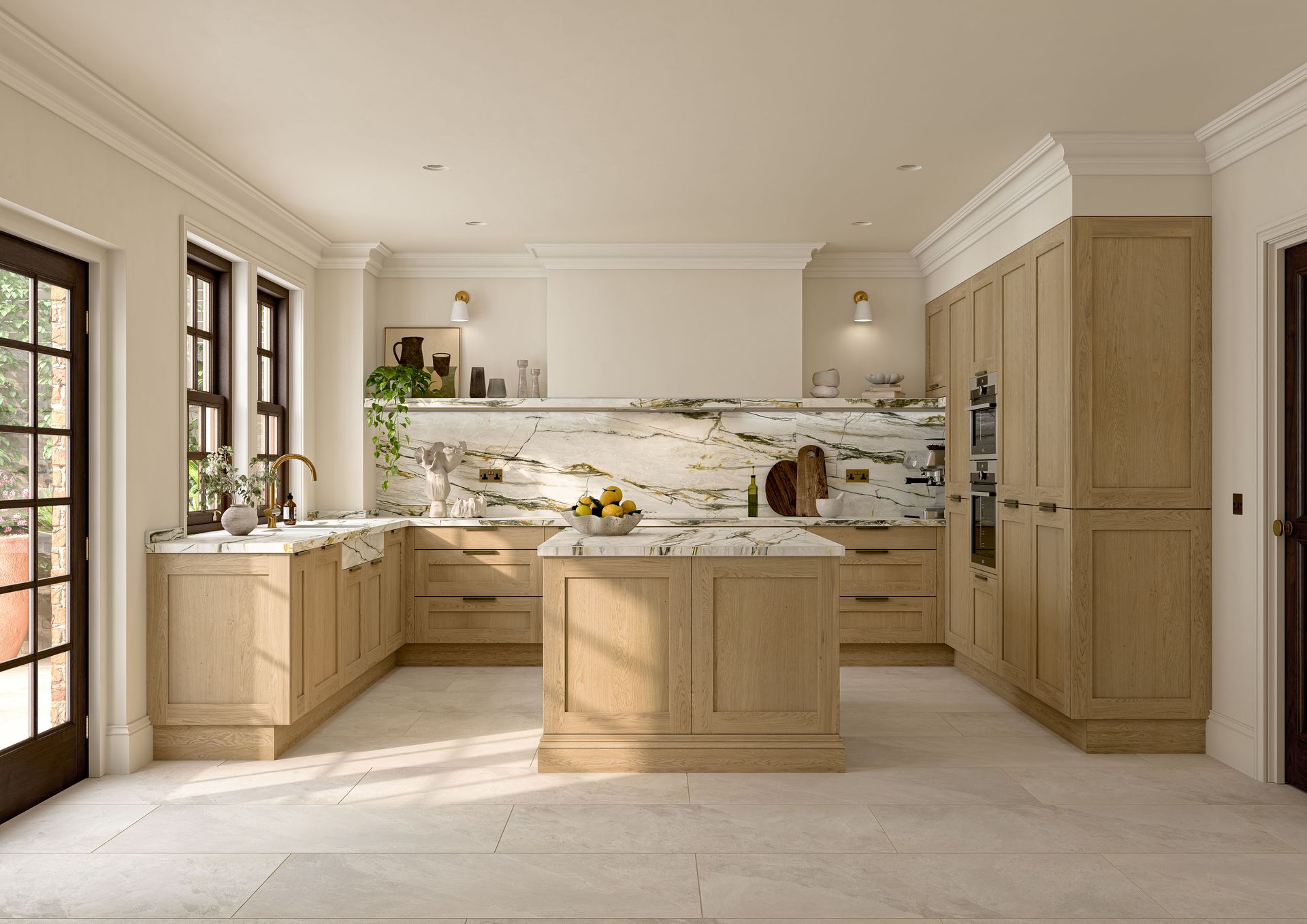 Modern kitchen with light oak cabinets, white marble countertops, a central island, and neutral stone flooring.