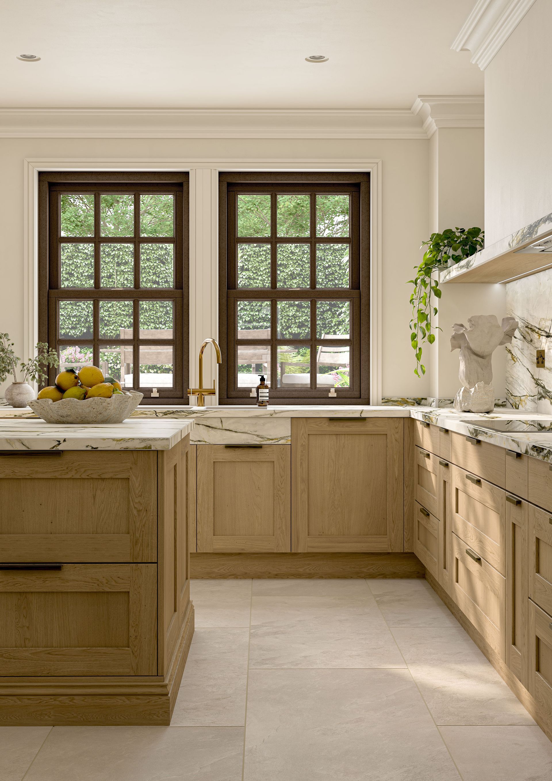 A bright kitchen featuring light oak cabinets, marble countertops, dark-framed windows, and a bowl of lemons on an island.