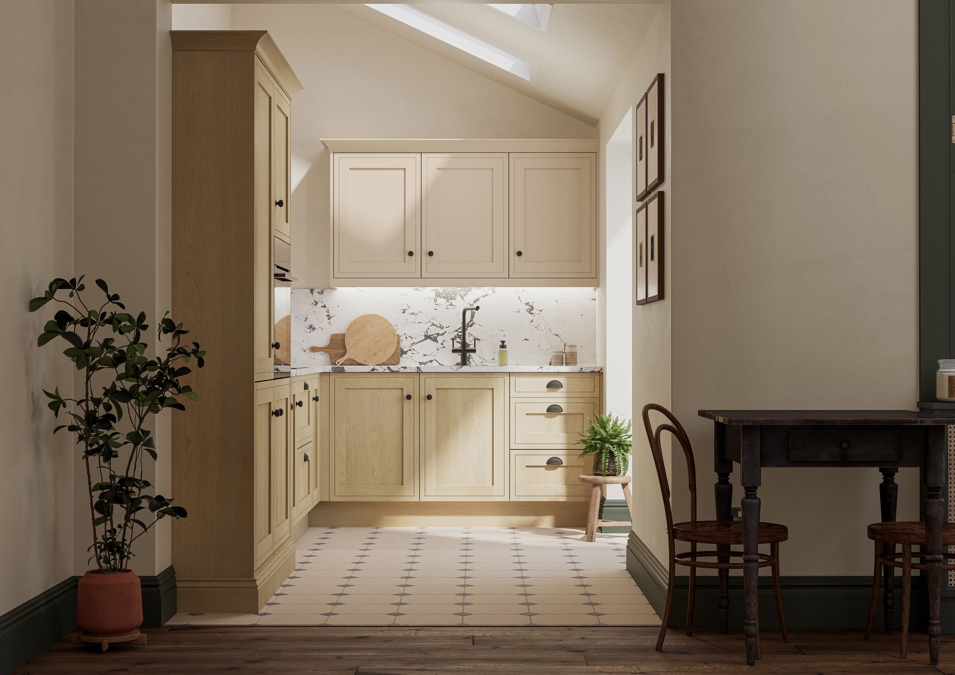 A bright kitchen with light oak cabinets, marble-patterned backsplash, and a small dining area with a dark wooden table.