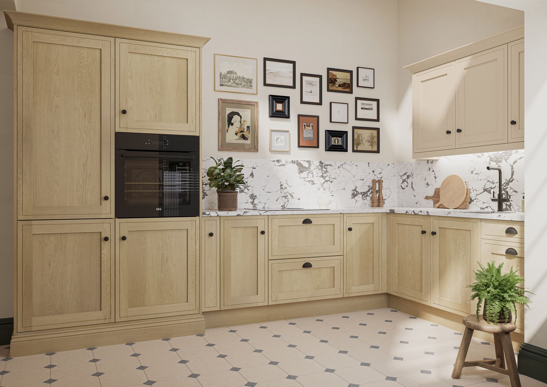 A light-wood kitchen with a built-in oven, marble backsplash, a gallery wall of framed art, and tiled floors.