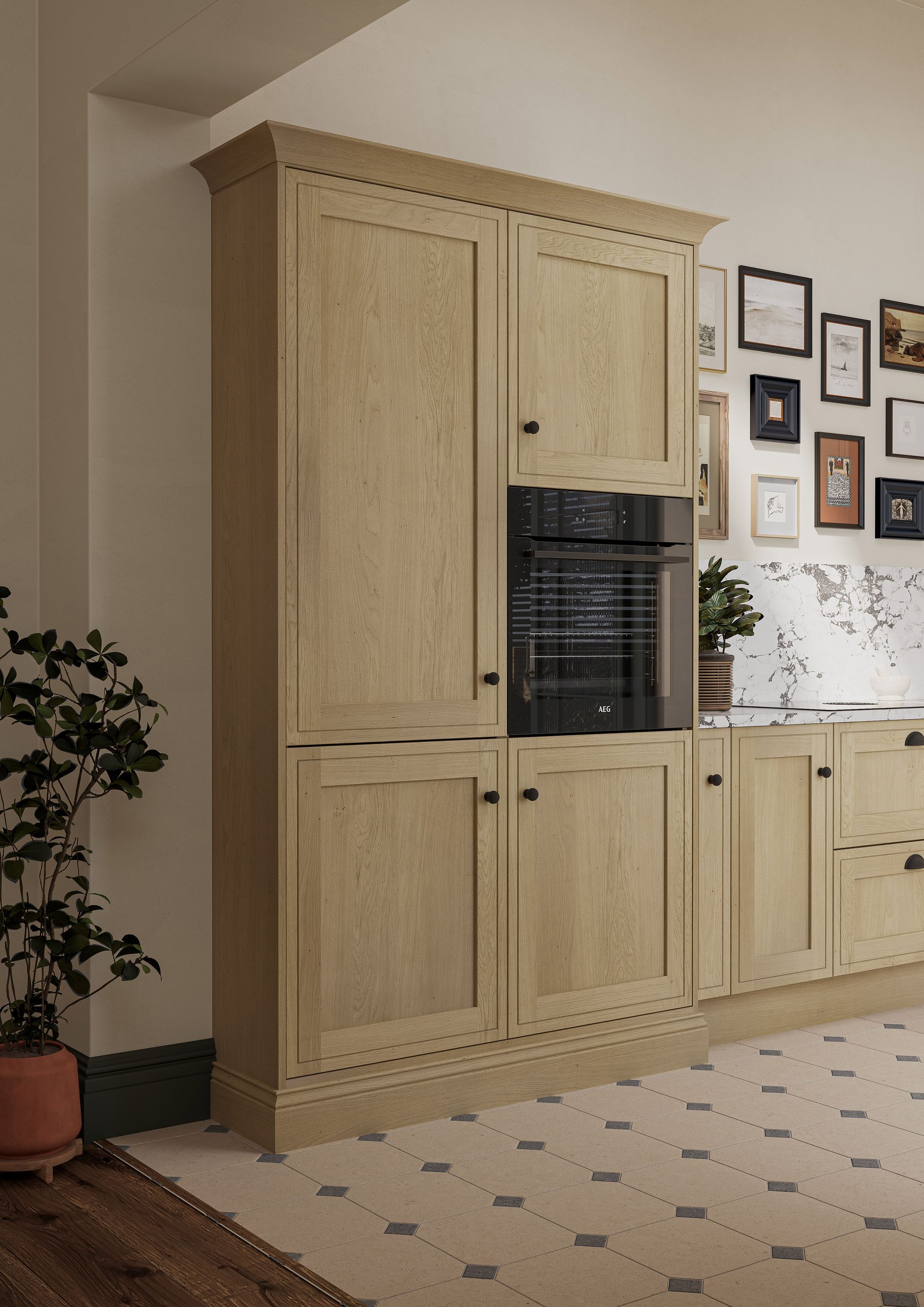 Tall light oak kitchen cabinets with a built-in oven, featuring a decorative cornice and panelled doors.