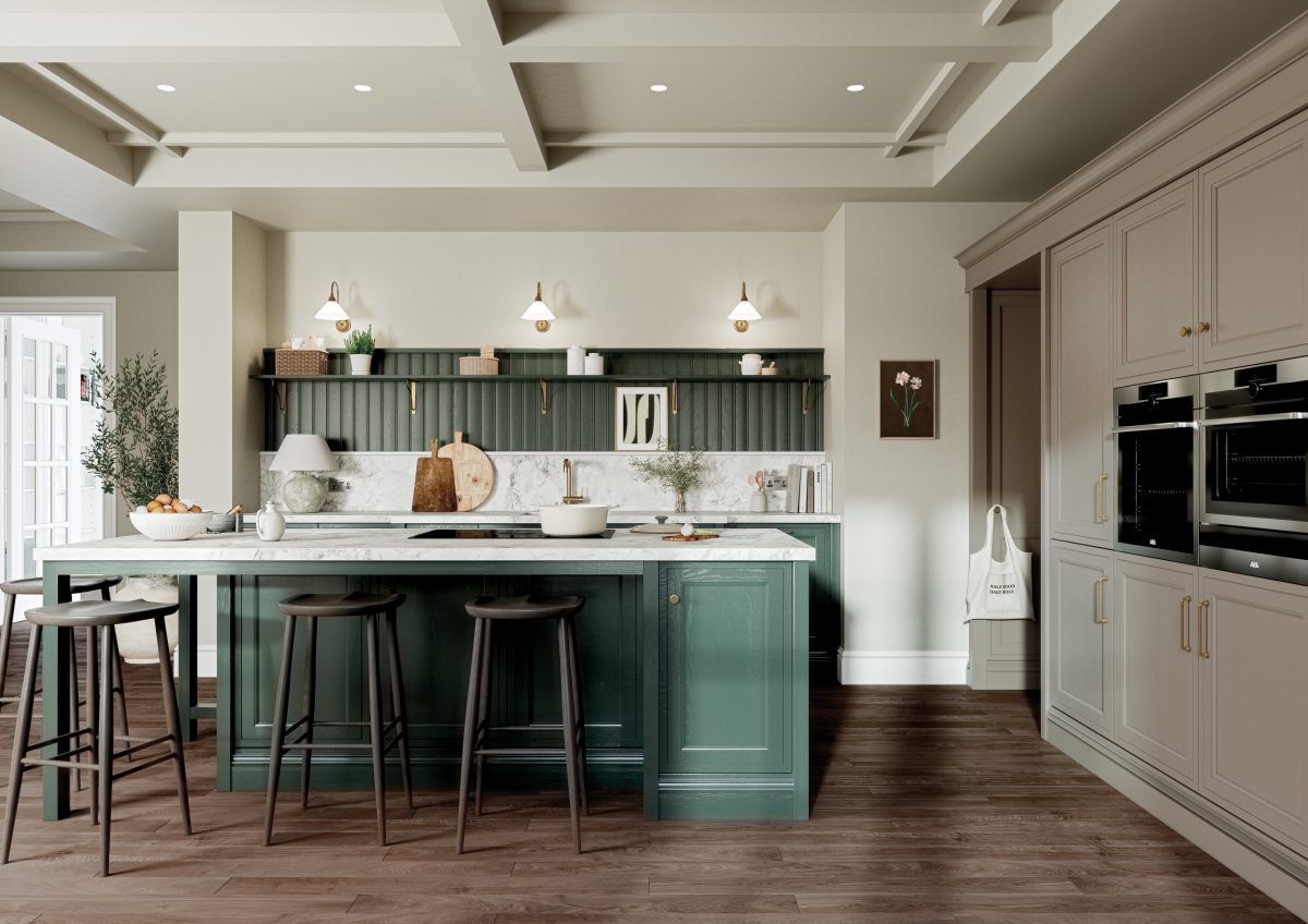 A modern kitchen featuring a dark green island, marble countertops, bar stools, and a matching green shiplap backsplash.