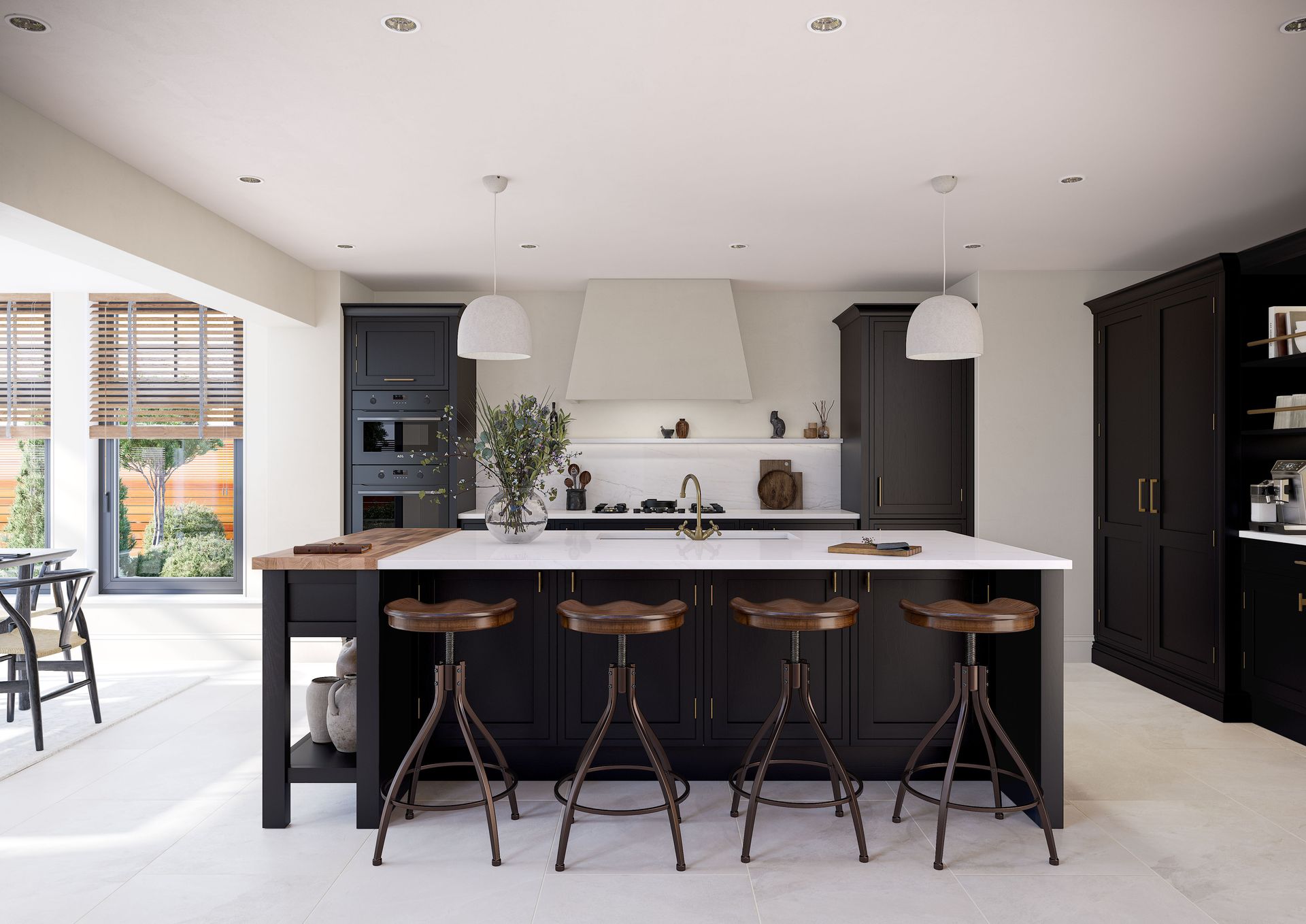 A modern kitchen with dark cabinetry, a white island with four stools, a range hood, and large windows looking outdoors.
