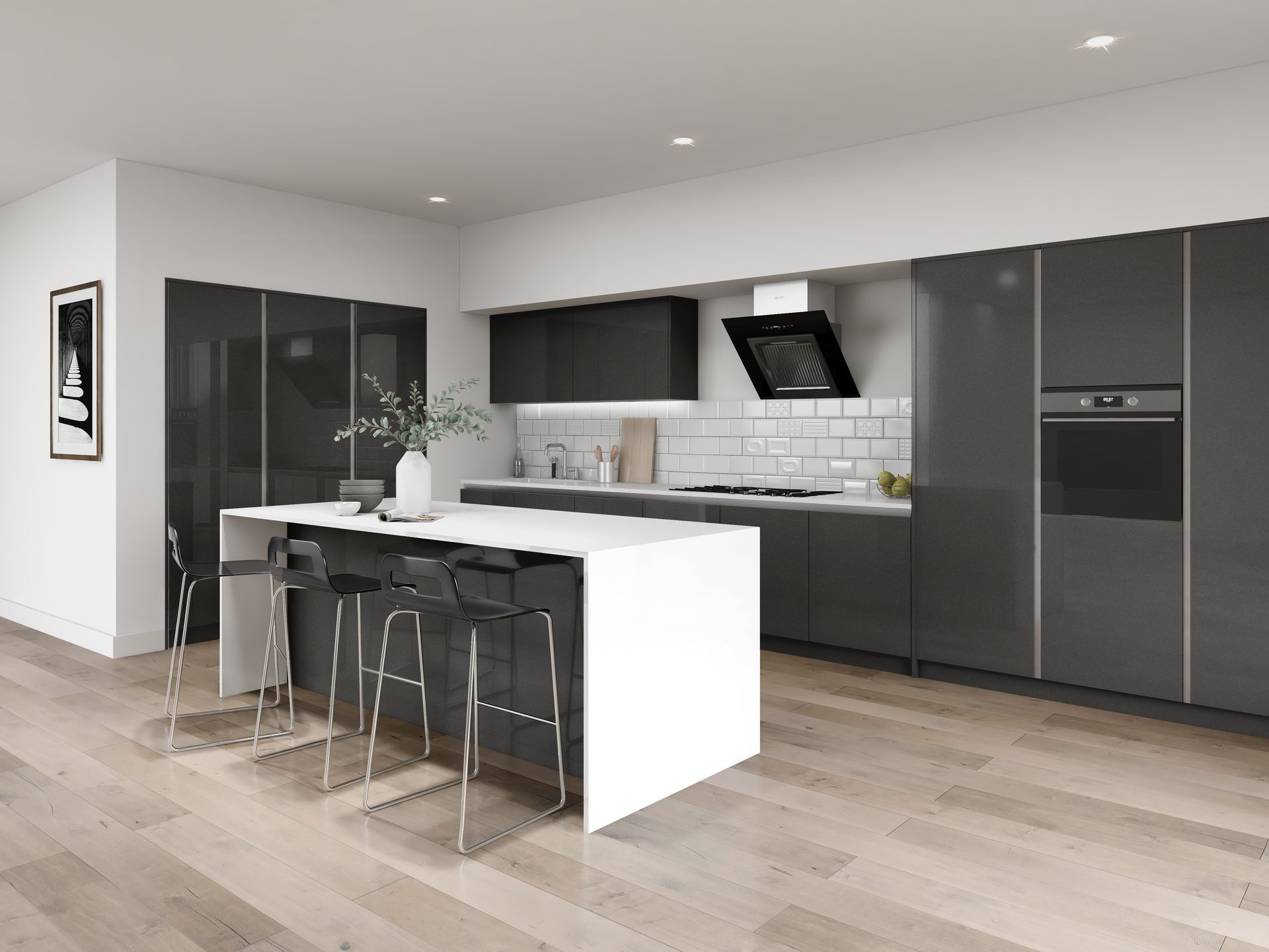 Modern kitchen with dark gray cabinets, a white island with three stools, subway tile backsplash, and light wood floors.