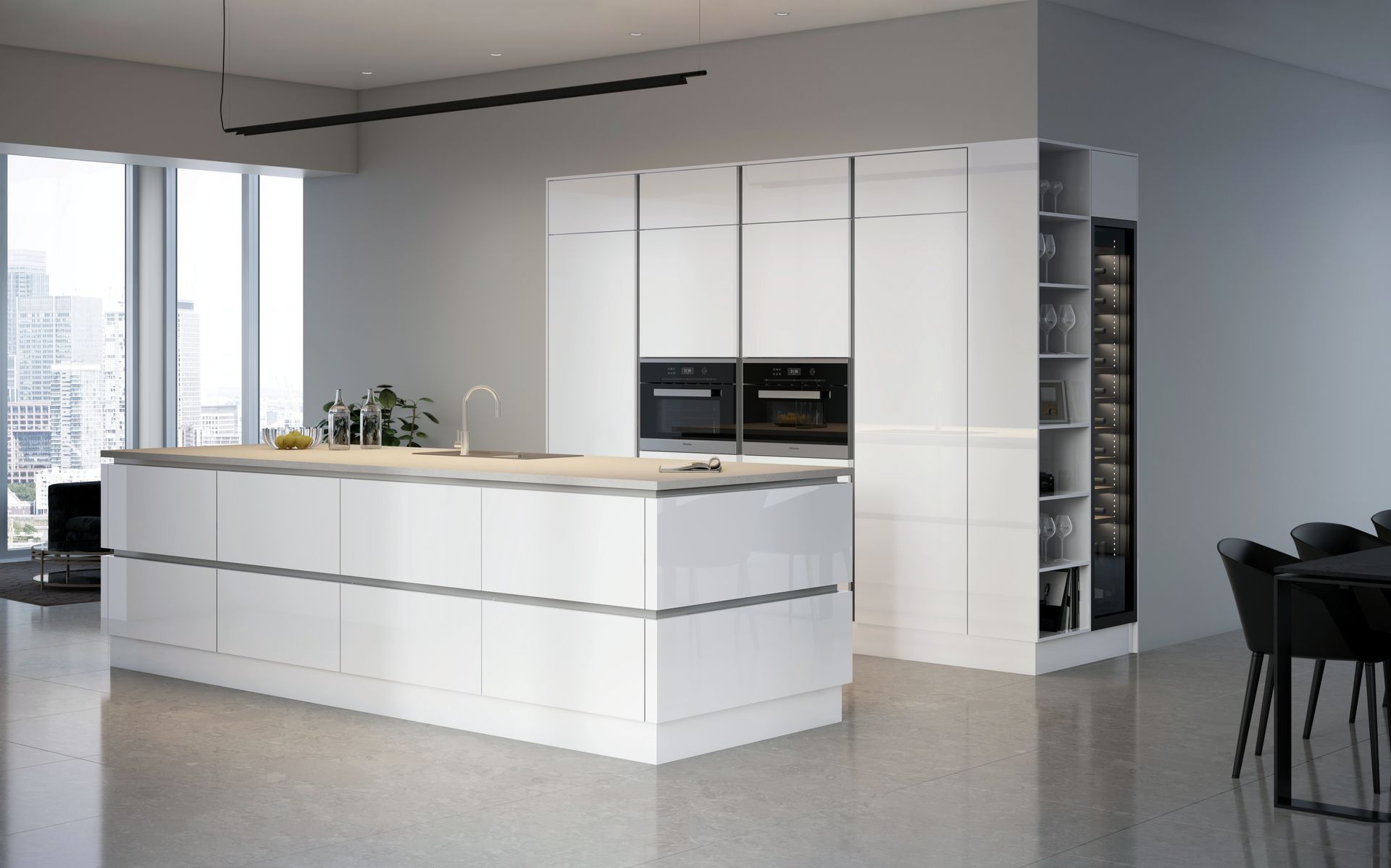 Modern kitchen with white island, sleek cabinetry, built-in ovens, and a wine rack set against a neutral, open space.