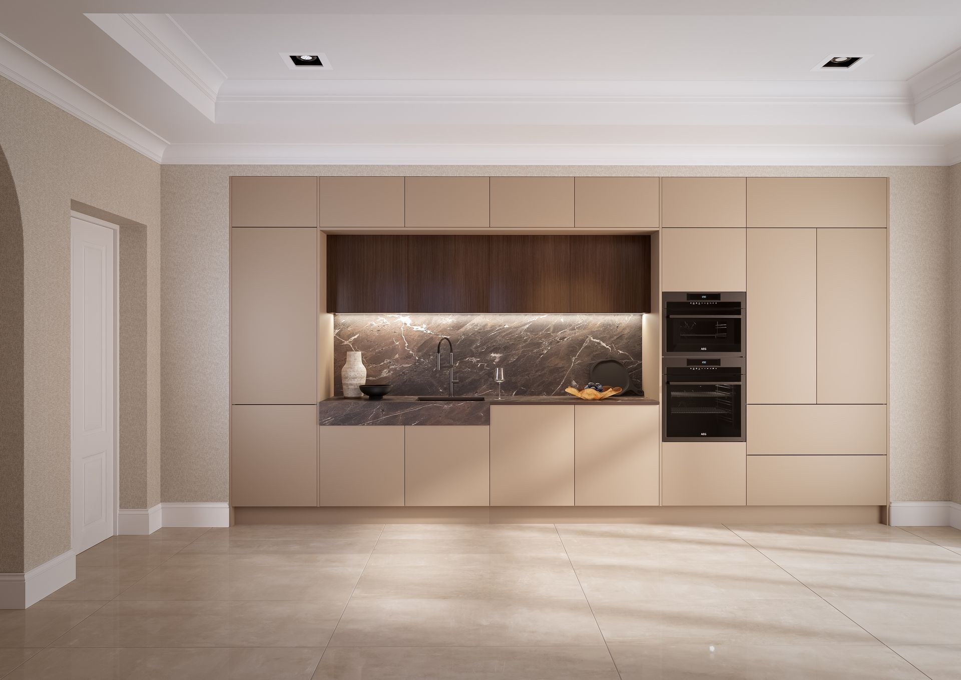 Modern kitchen with beige cabinets, a dark wood upper shelf, and a dark marble backsplash in a minimalist, open-plan space.