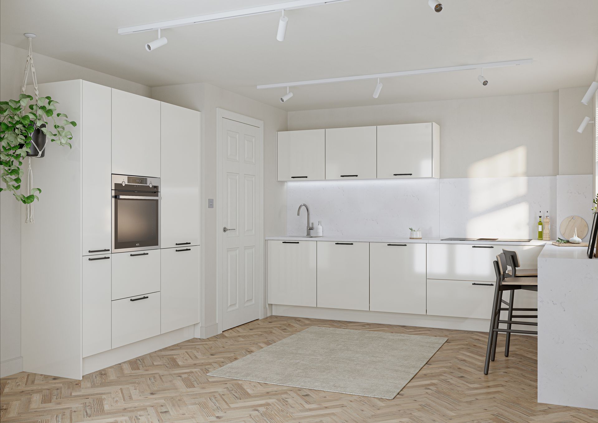 Modern kitchen with white cabinets, wood flooring, a rug, track lighting, and a stool.