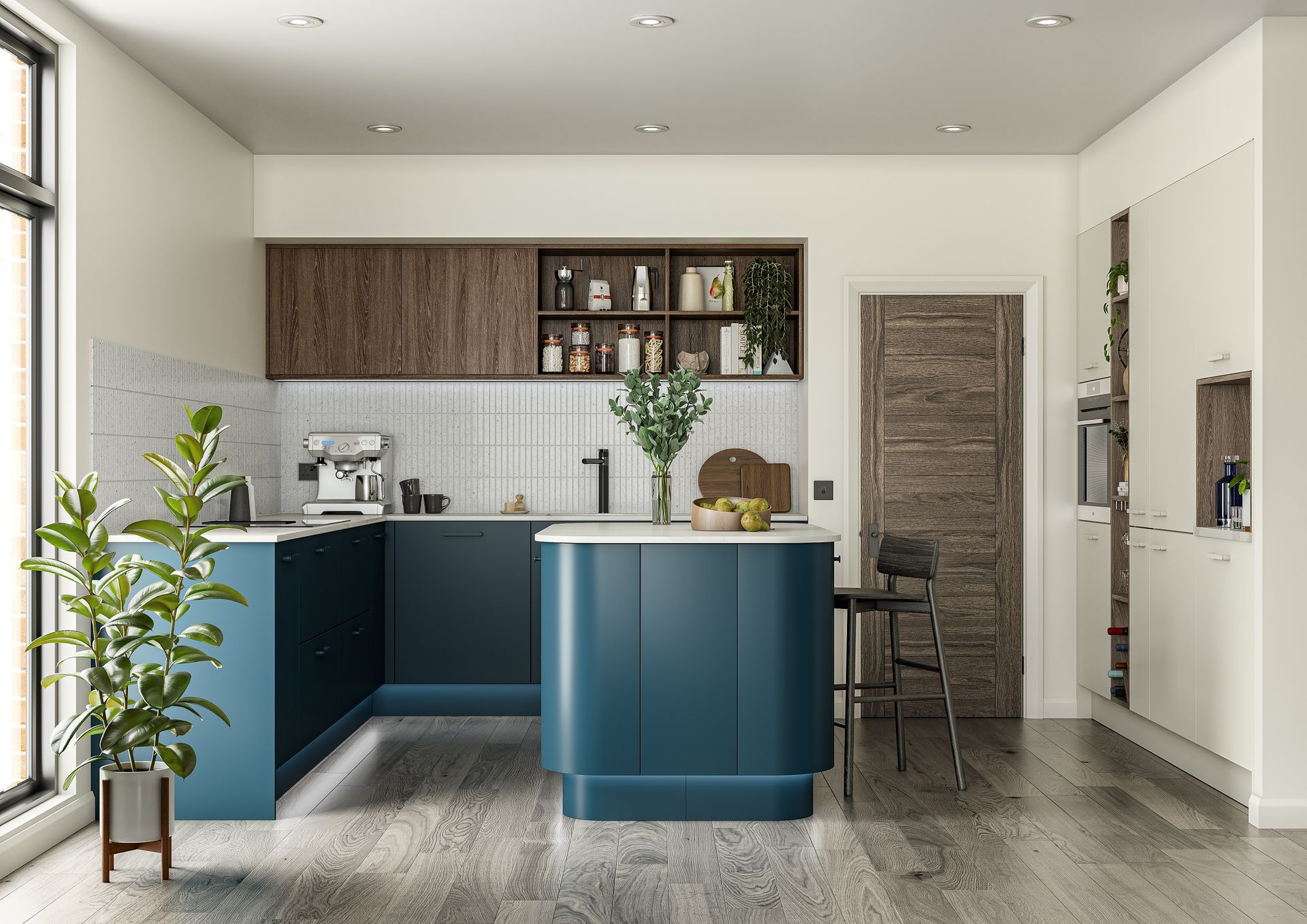 A modern kitchen featuring blue L-shaped cabinets, a central island with a bar stool, and dark wood accents.