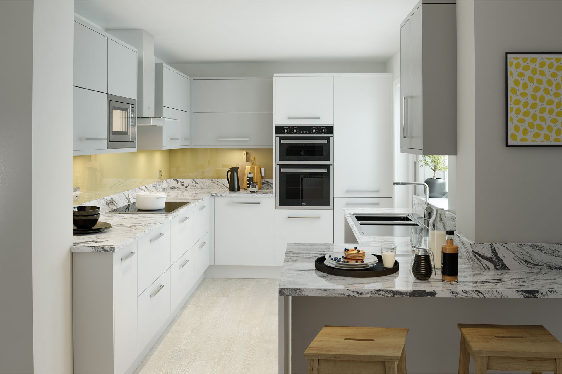 A bright, modern kitchen with white cabinetry, marble countertops, stainless steel appliances, and two wooden stools.