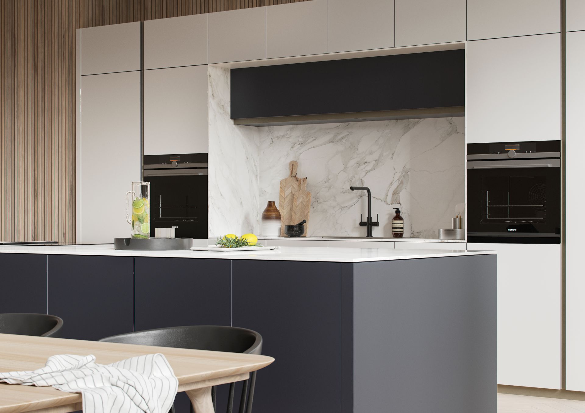 Modern kitchen featuring a dark island, marble backsplash, integrated appliances, and light-toned cabinetry.