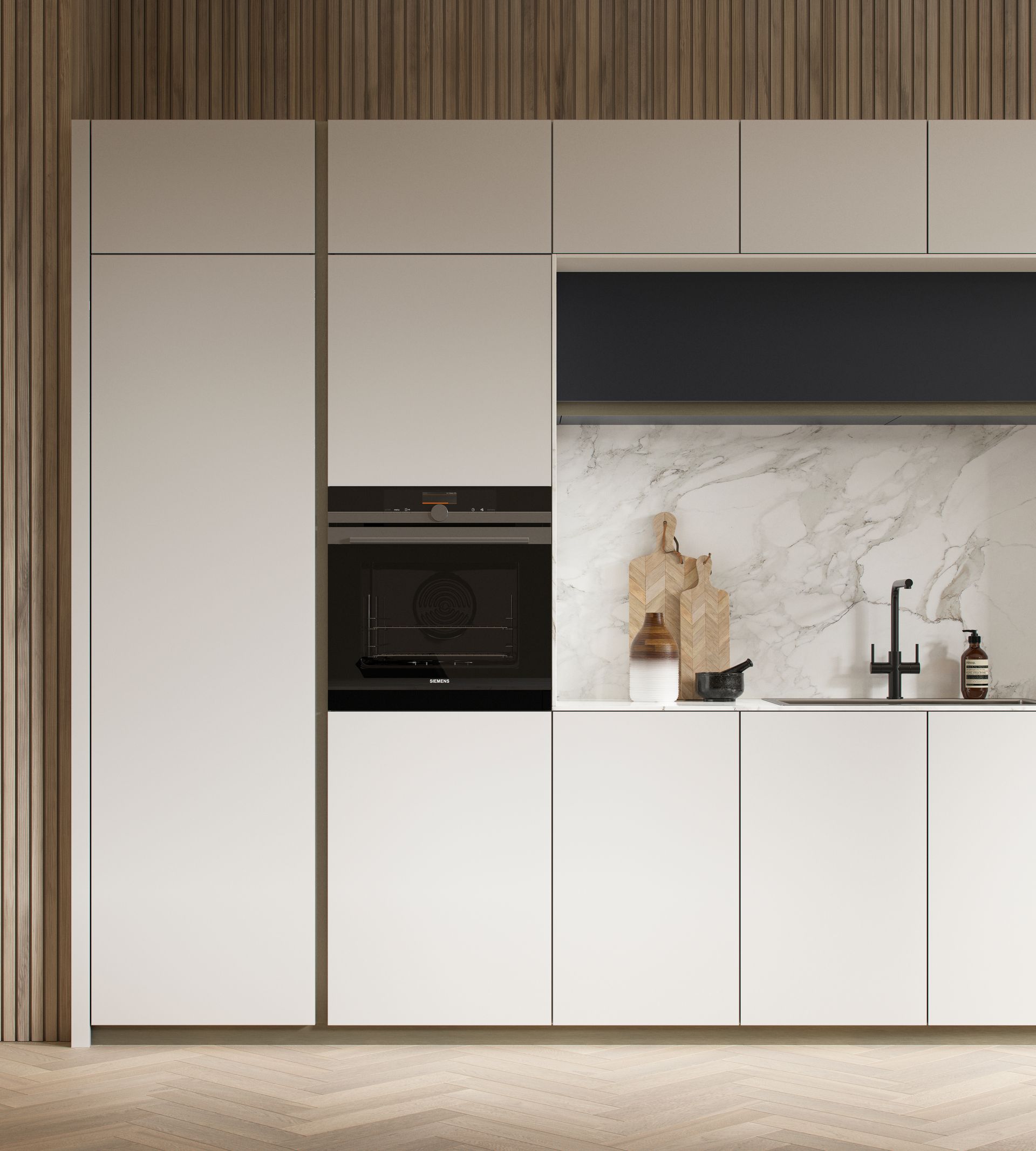 Minimalist kitchen with white cabinets, a built-in oven, marble backsplash, and wooden paneling in a herringbone floor room.