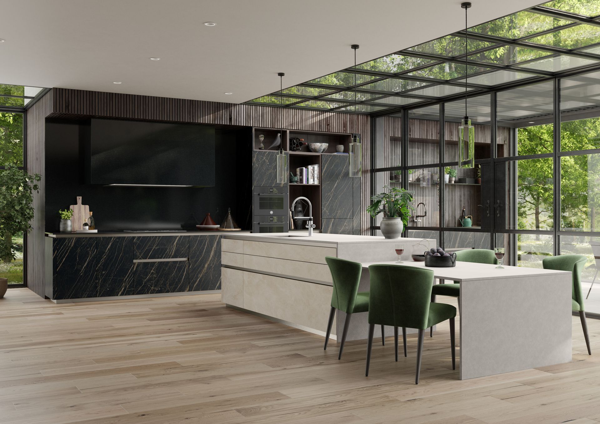 Modern kitchen with black marble cabinetry, a white central island, and green velvet chairs under a glass ceiling.