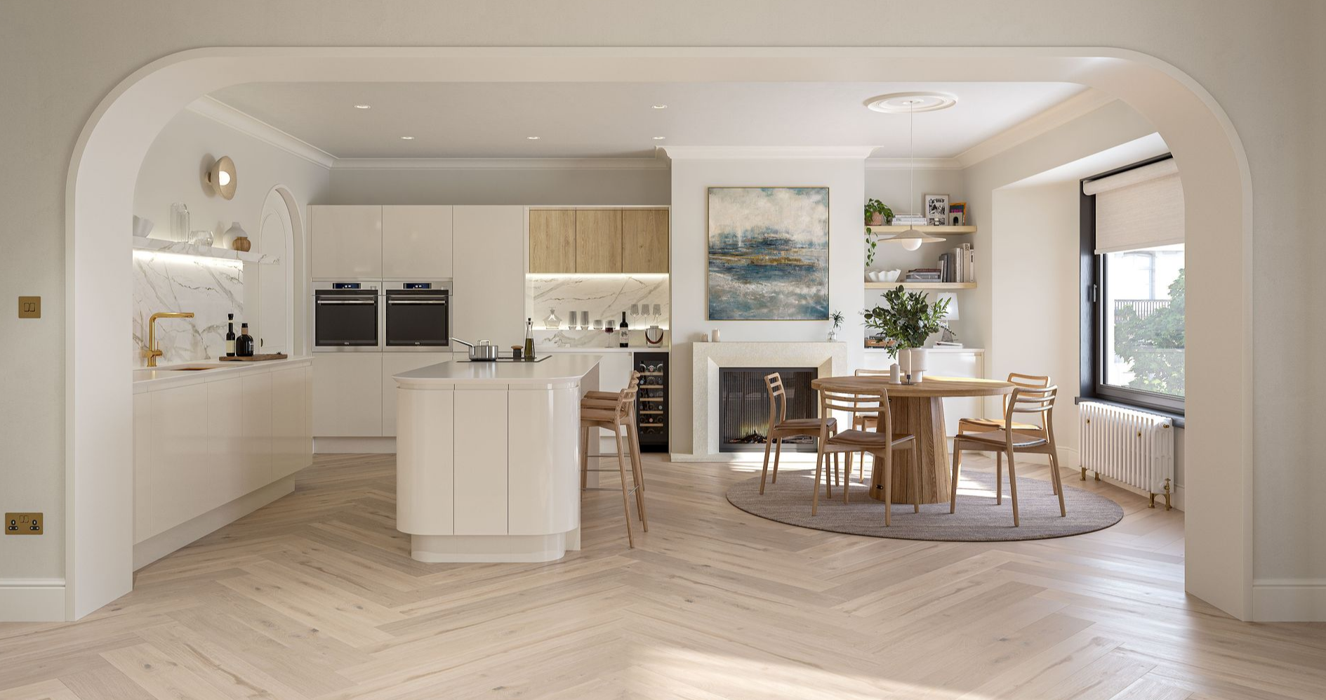 A bright, modern kitchen and dining area featuring white cabinets, a central island, light wood floors, and an arched entry.