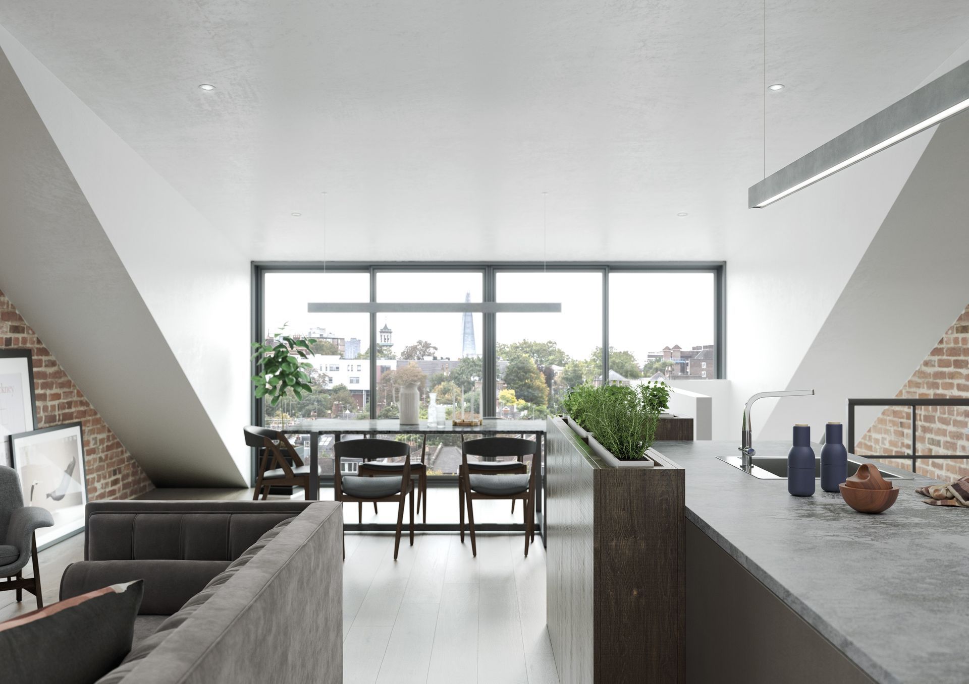 Modern loft apartment with an open-plan kitchen, dining area, brick walls, and large windows with a cityscape view.
