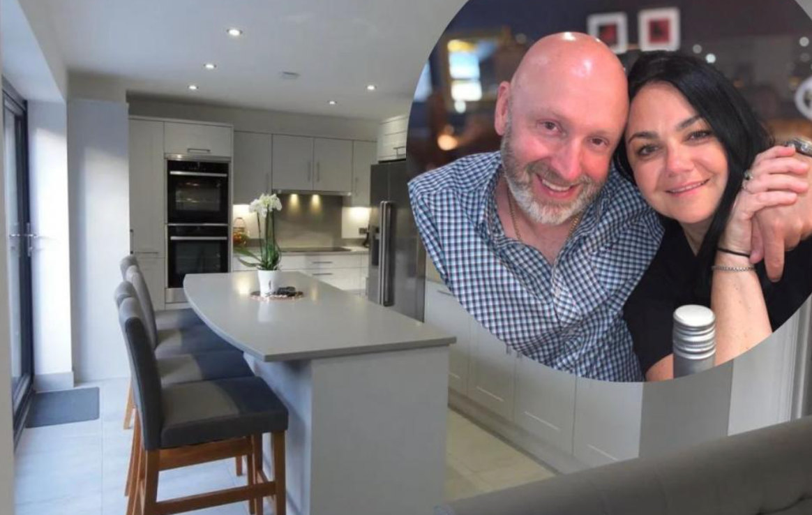 A split-screen showing a modern white kitchen with a center island and a circular inset of a smiling couple.