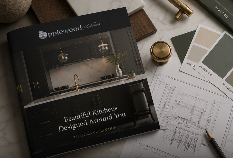 A brochure for Applewood Kitchens showing a modern kitchen with a center island and three wooden stools.
