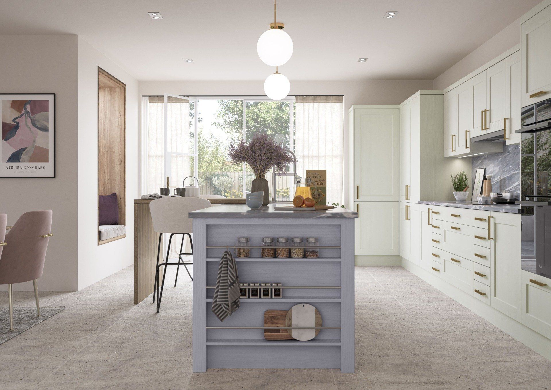A modern kitchen with sage green cabinets, a central island with open shelving, and a bright, windowed dining area.