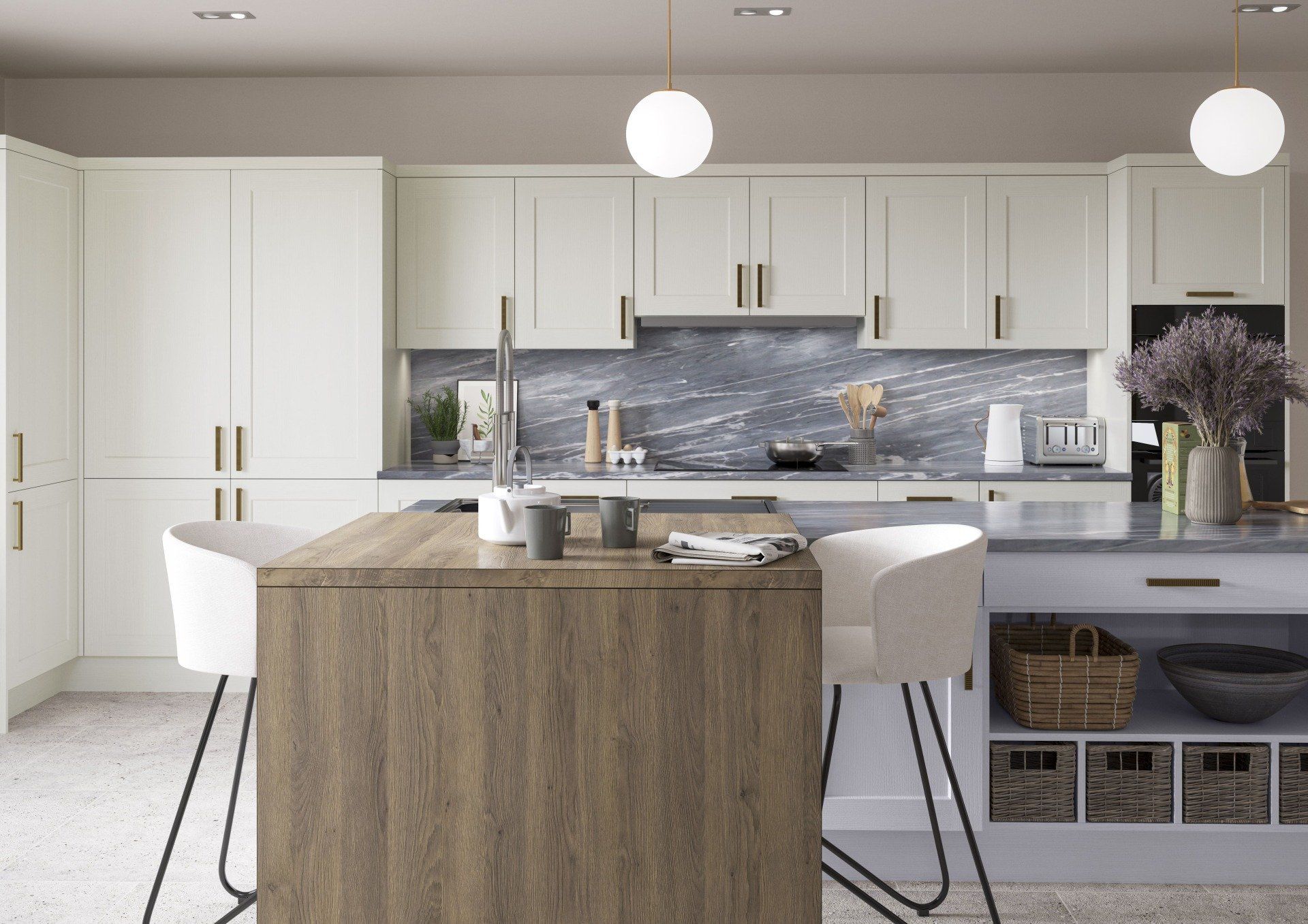 Modern kitchen with white shaker cabinets, a wood-topped island with two bar stools, and a dark marble-patterned backsplash.