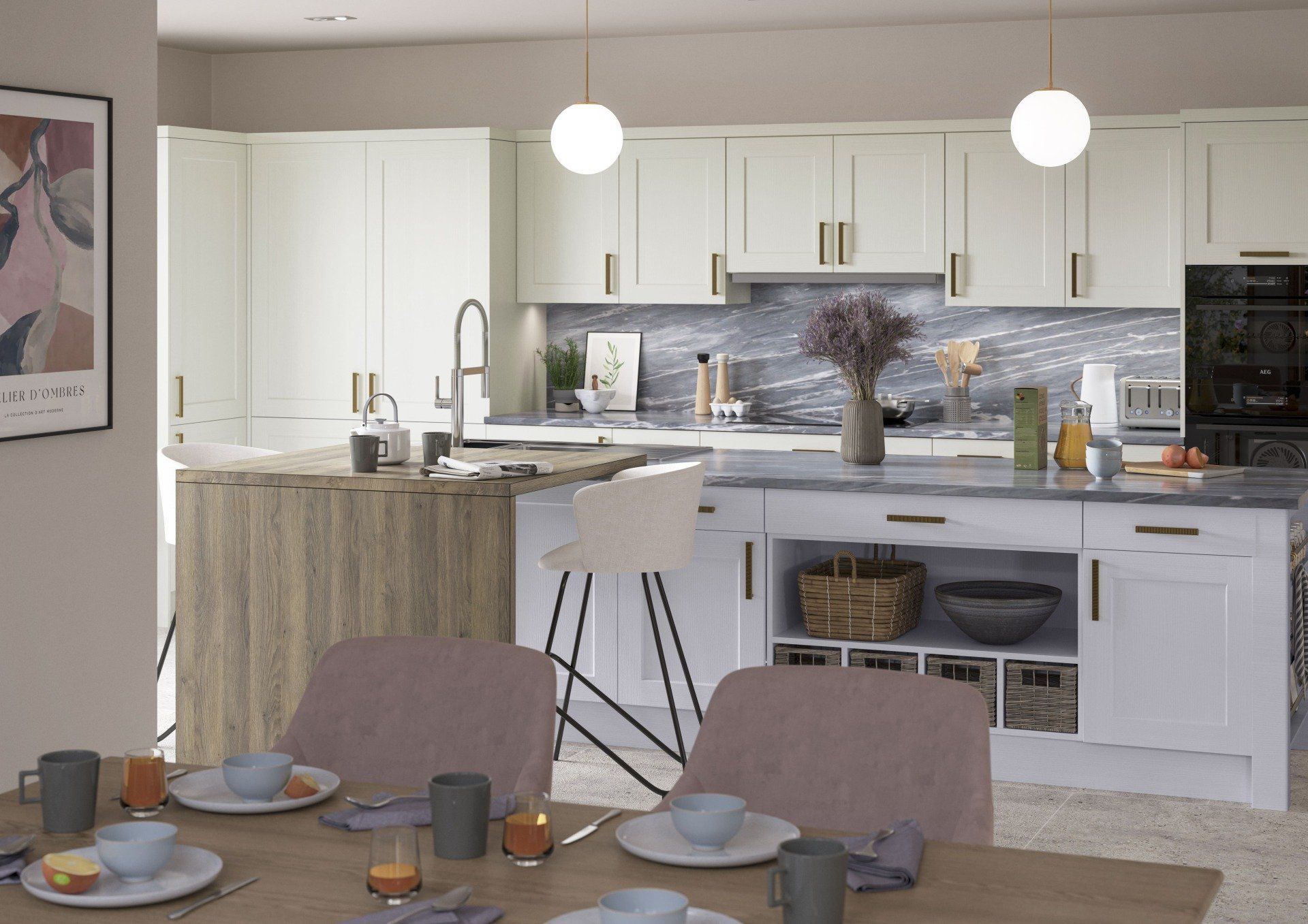 A modern kitchen with cream cabinets, a marbled backsplash, a wooden breakfast bar, and a dining table in the foreground.
