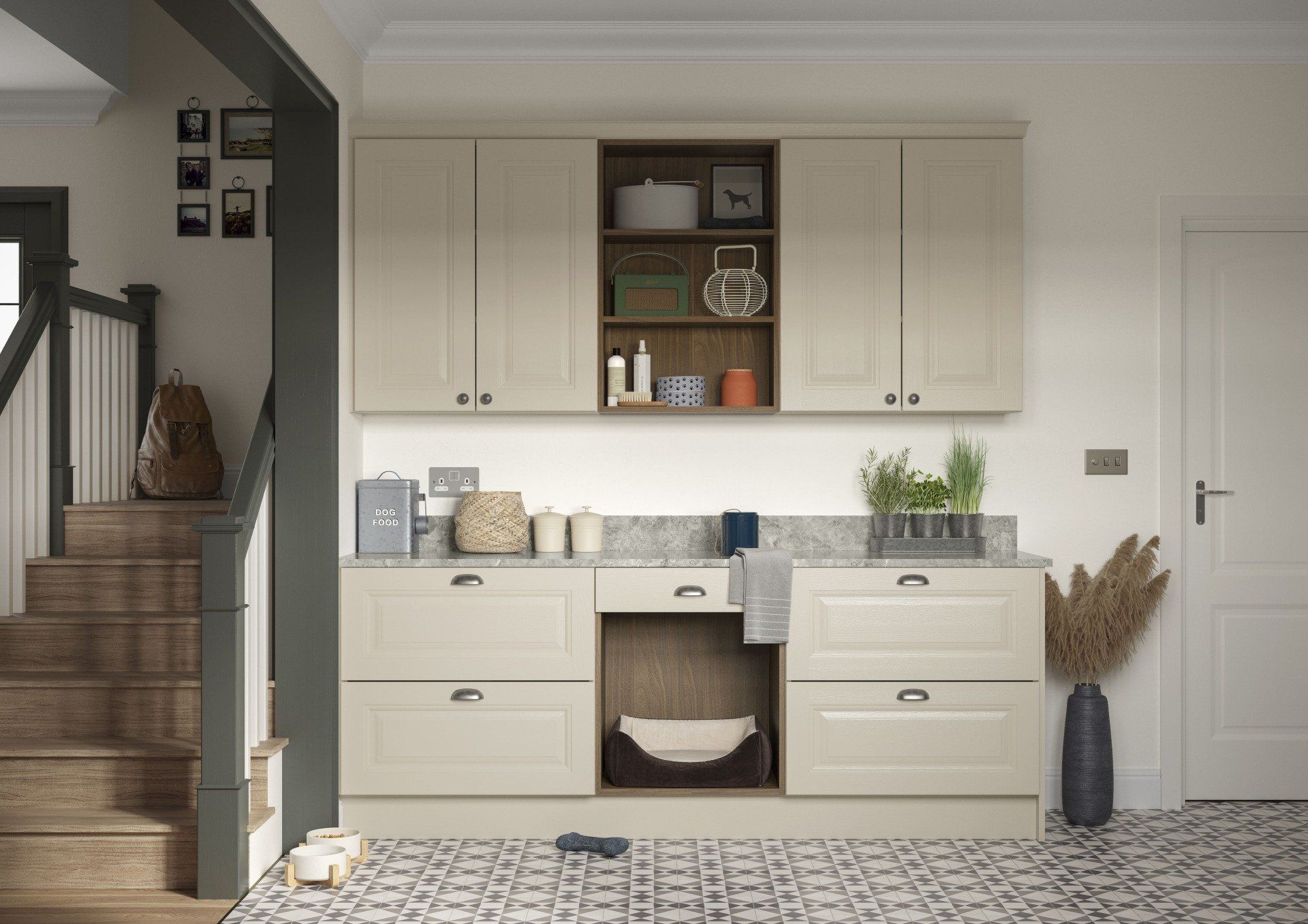 A modern beige kitchen utility area with open shelving and a built-in pet bed, next to wooden stairs and a white door.