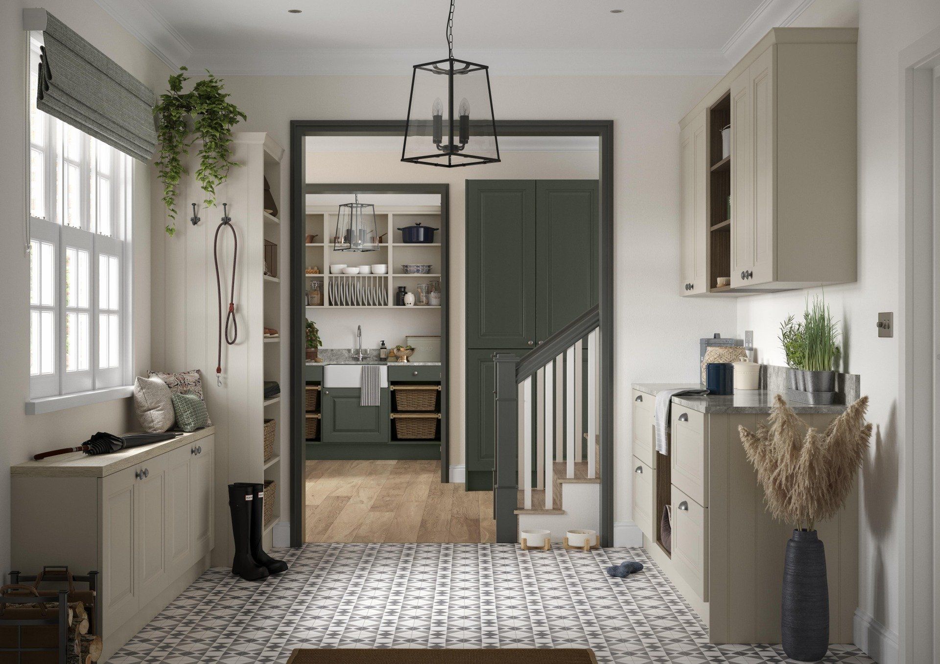 A bright, modern entryway with patterned tile floors, taupe storage cabinets, a lantern light, and a view into a kitchen.