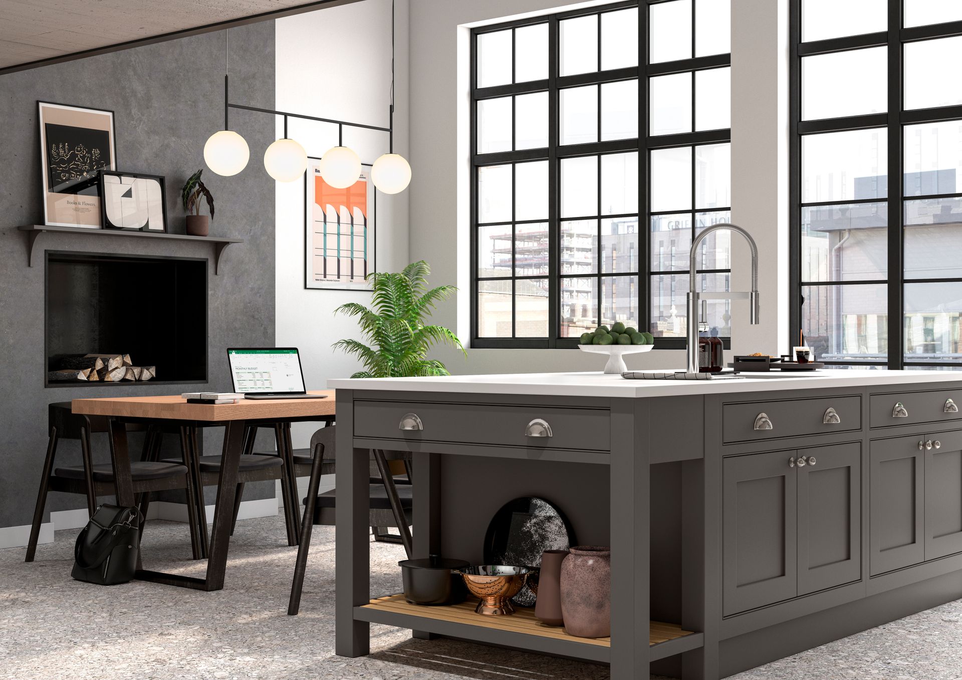 A modern kitchen with a dark gray island, a dining table, and large windowed walls.