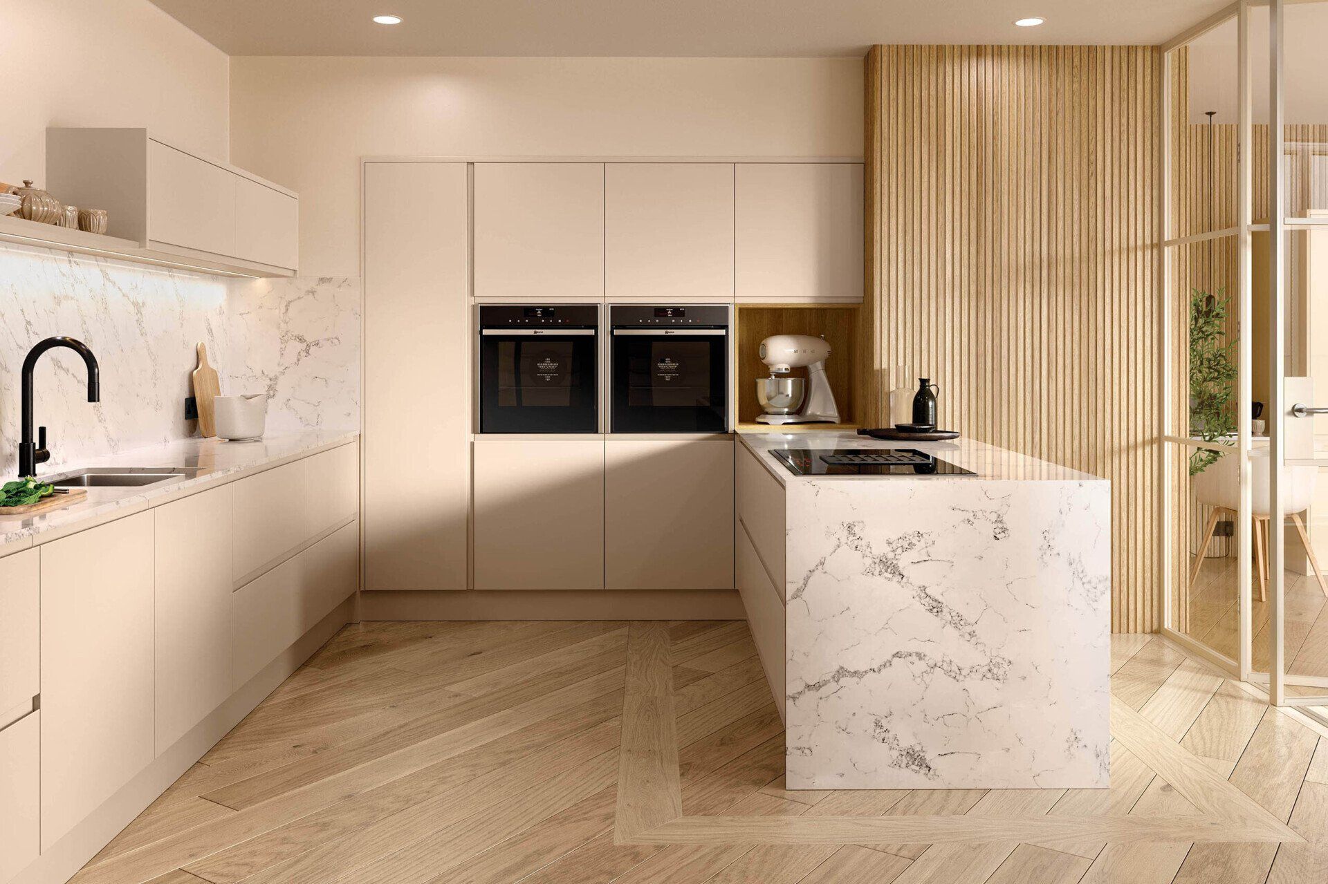 Modern kitchen with beige flat-panel cabinetry, white marble counters, and a vertical wood-slat feature wall.