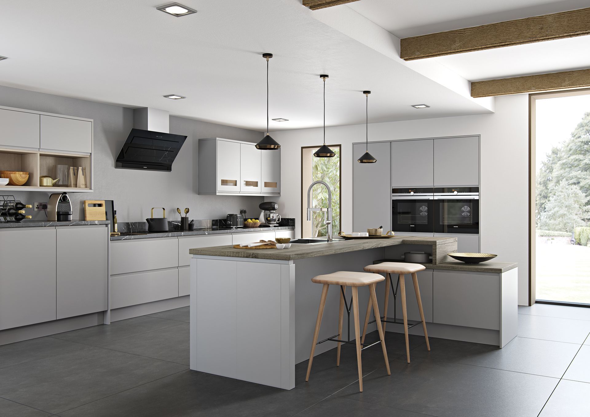 A modern, light gray kitchen with a central island, two wooden bar stools, and dark tiled flooring.