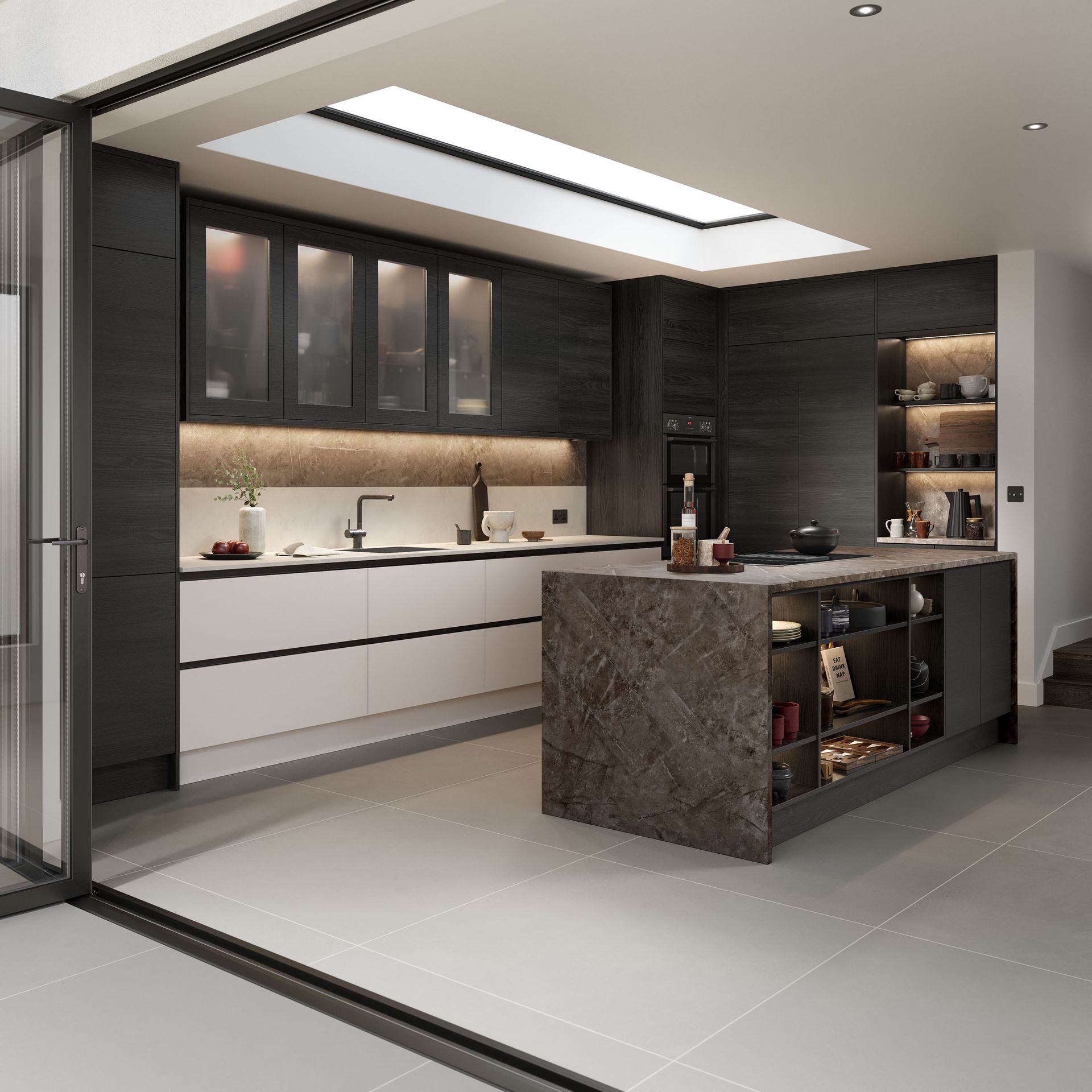 A modern, minimalist kitchen featuring dark wood and white cabinetry, a large textured island, and a skylight ceiling.