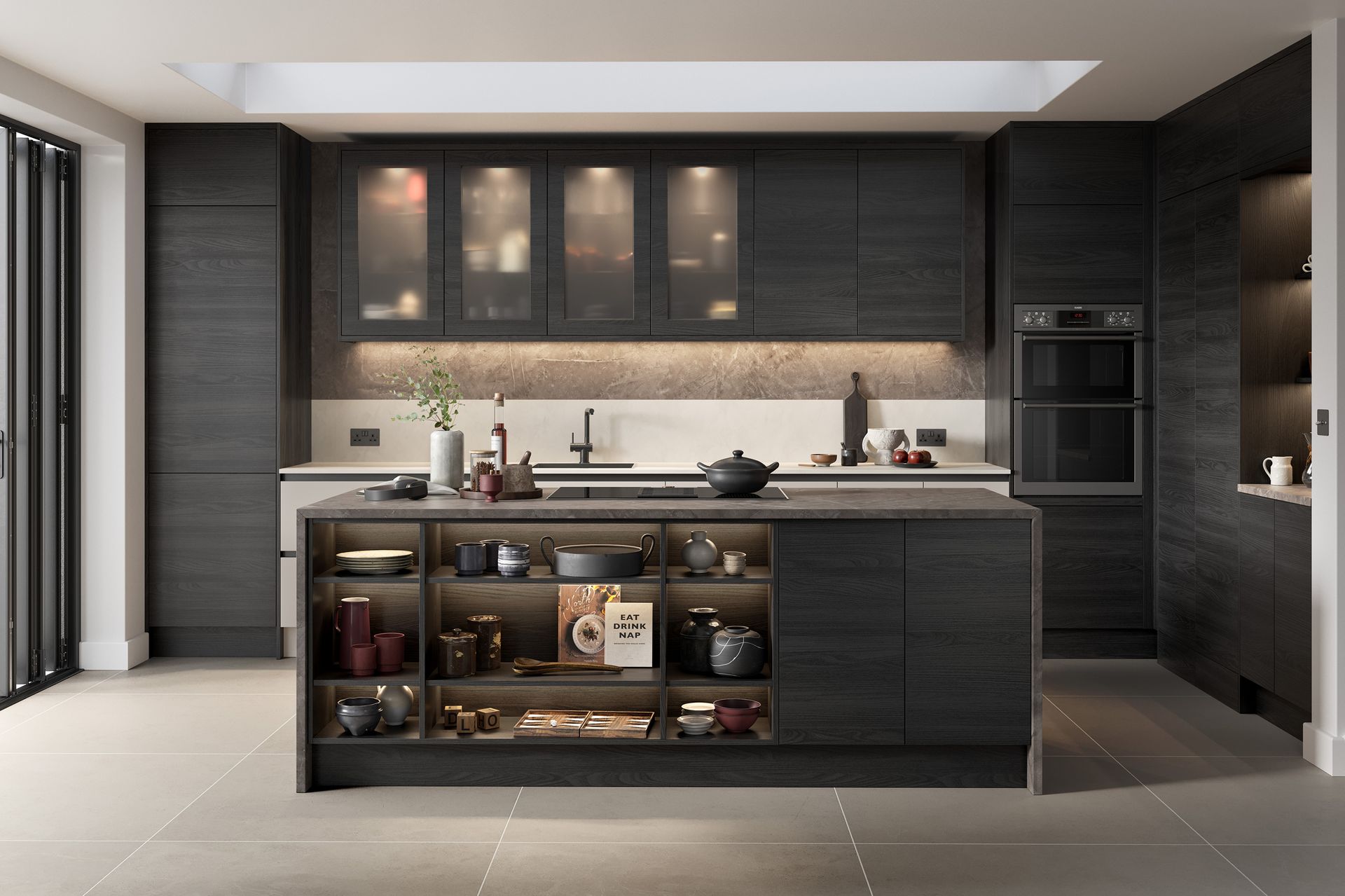 A modern kitchen with dark wood cabinetry, a central island with open shelving, and neutral-toned flooring.