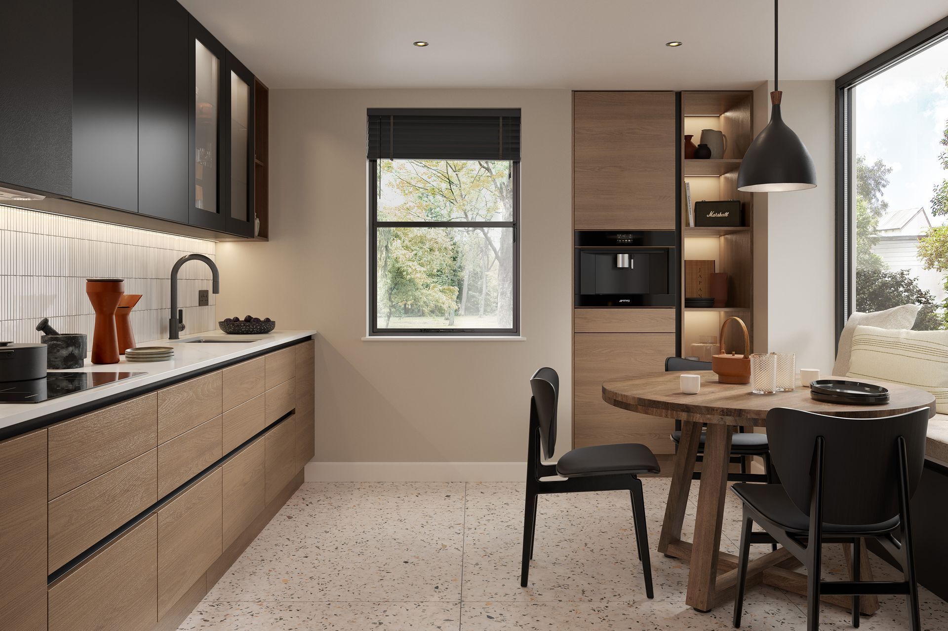 Modern kitchen with wood-finish cabinets, black upper units, a dining table, and a terrazzo-style floor.