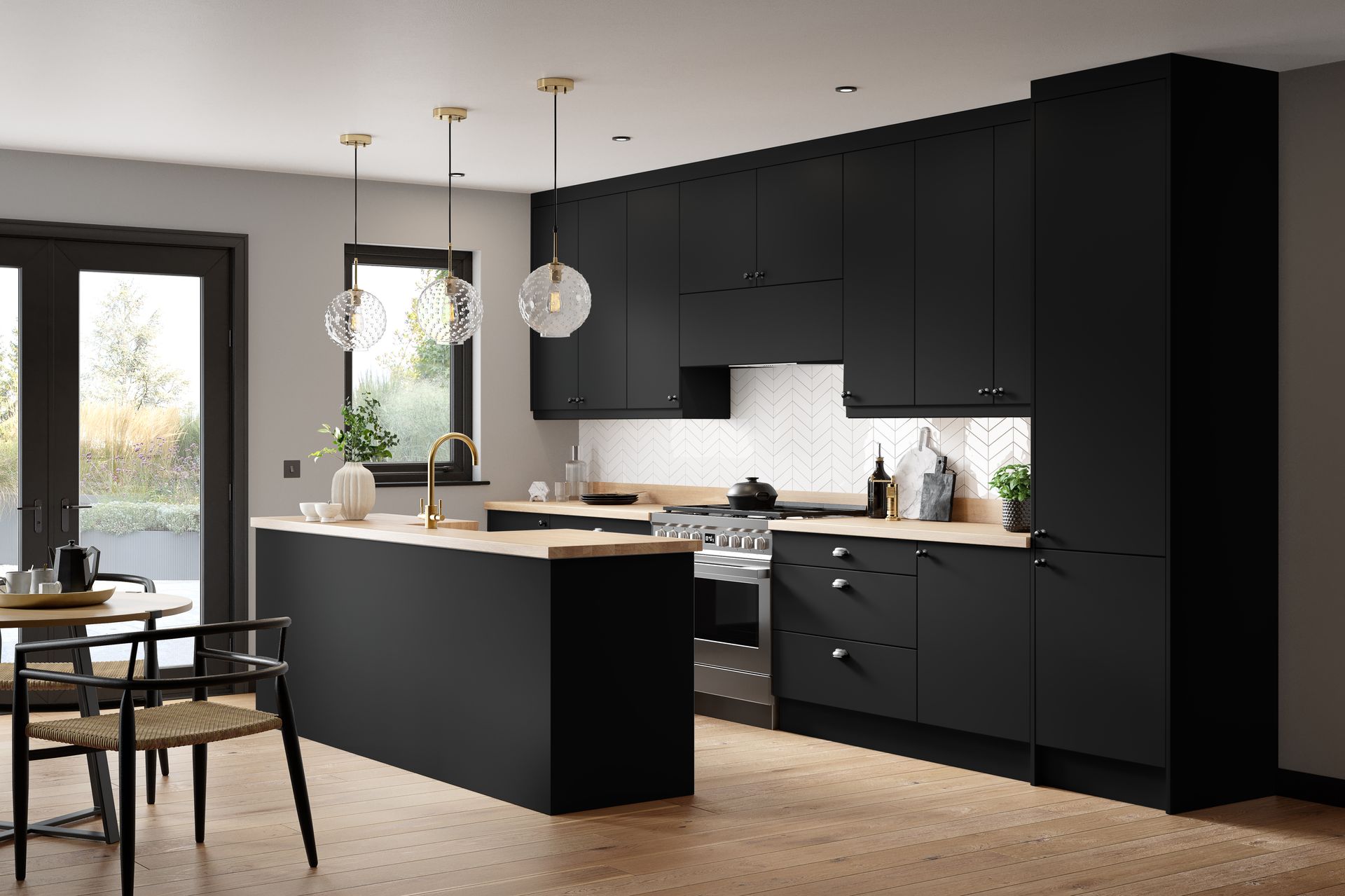 Modern kitchen with matte black cabinetry, light wood countertops, herringbone backsplash, and pendant lights.