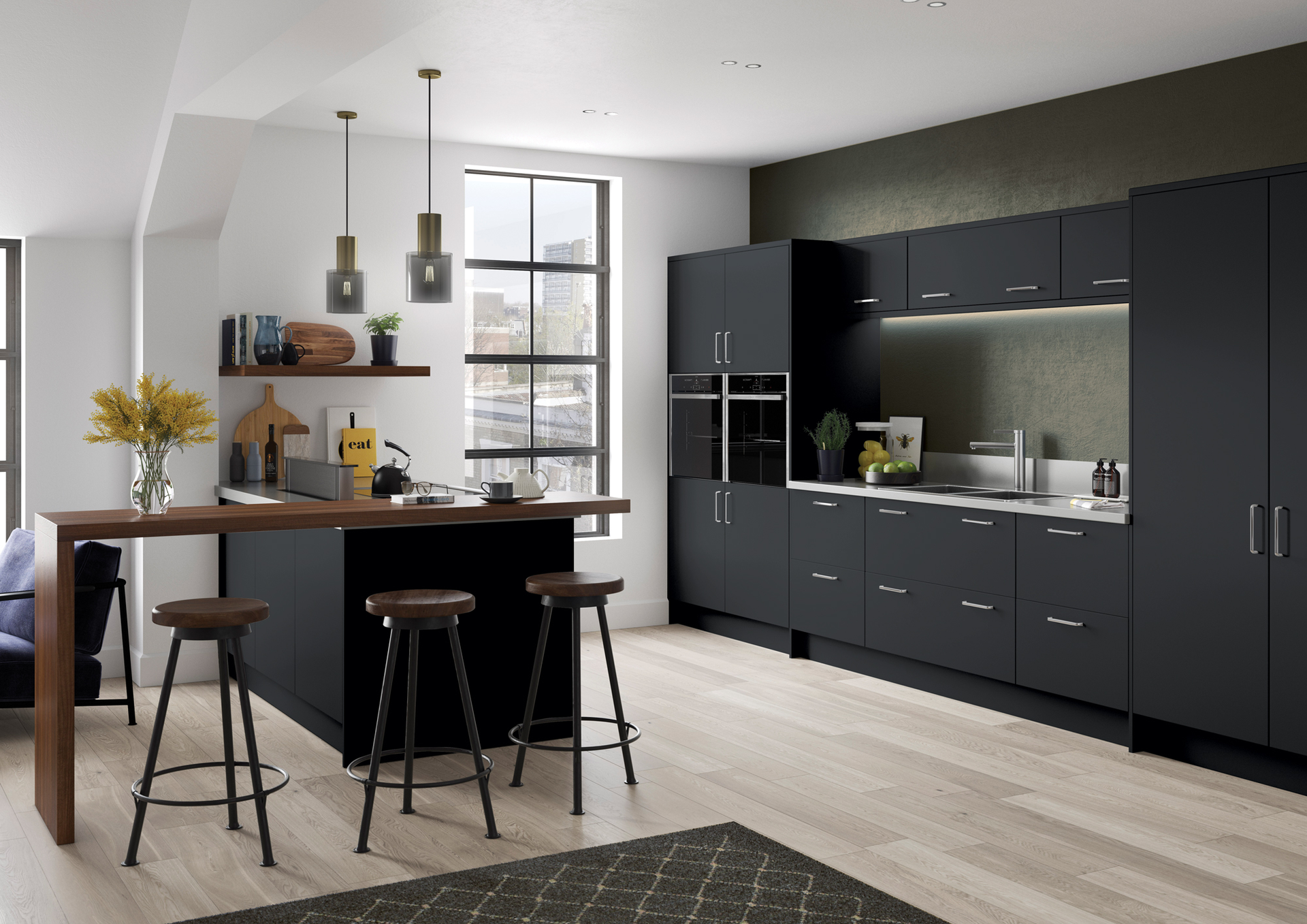 Modern kitchen with matte black cabinetry, a wooden breakfast bar, three bar stools, and a large window in a bright space.