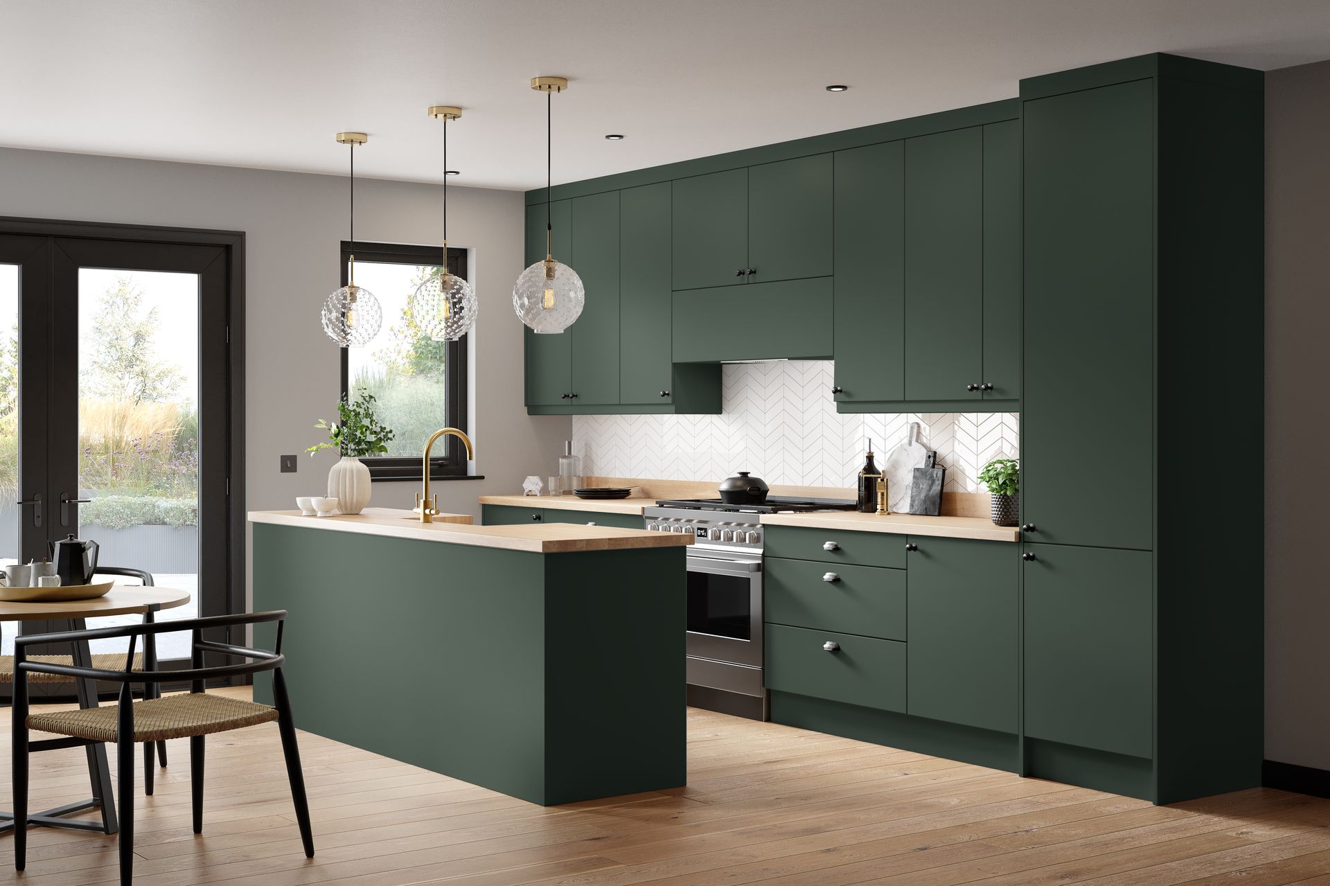 A modern kitchen featuring matte dark green cabinets, light wood countertops, a central island, and globe pendant lights.