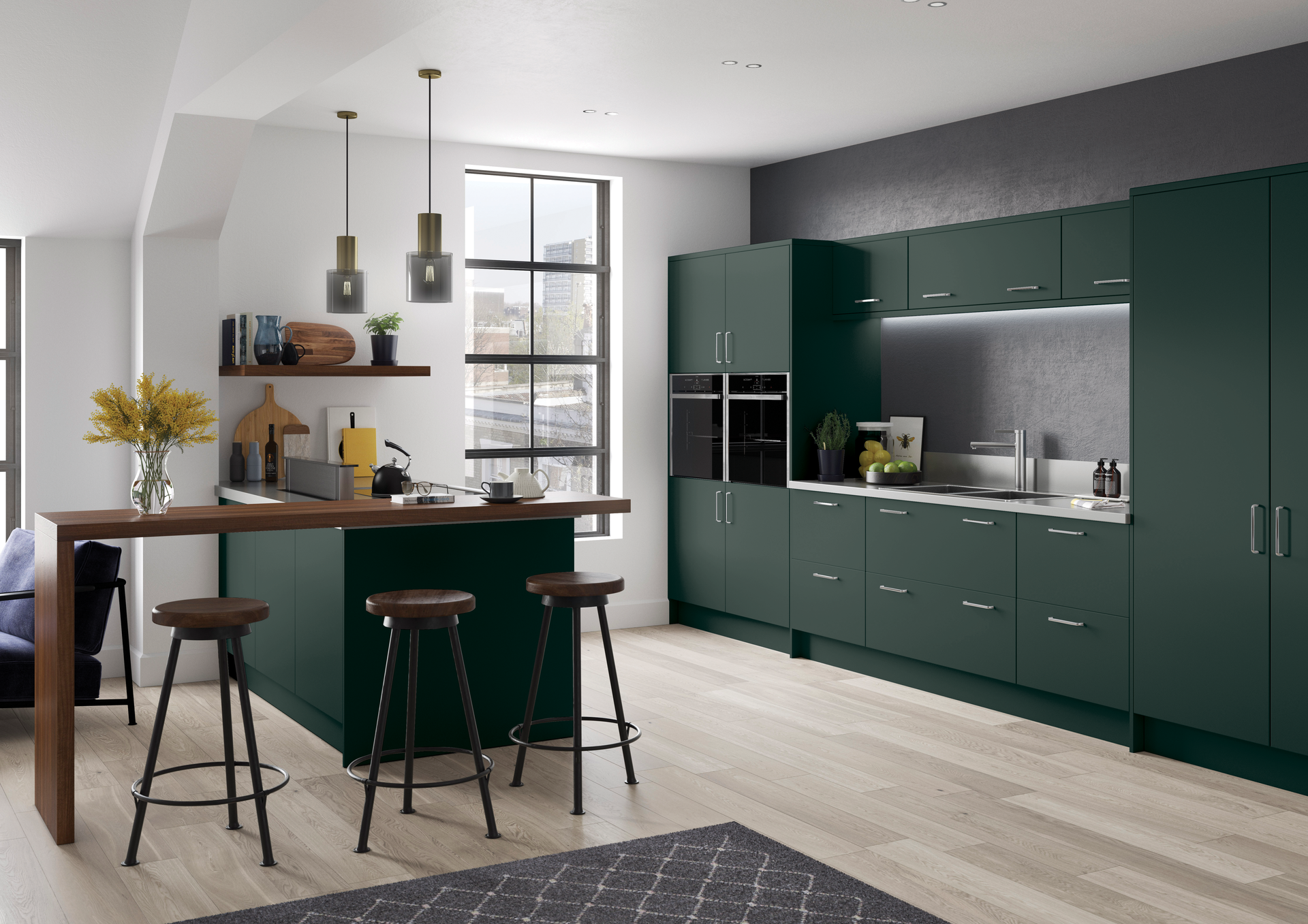 A modern kitchen featuring dark green cabinetry, a matching island with a wood-top counter, and three brown bar stools.