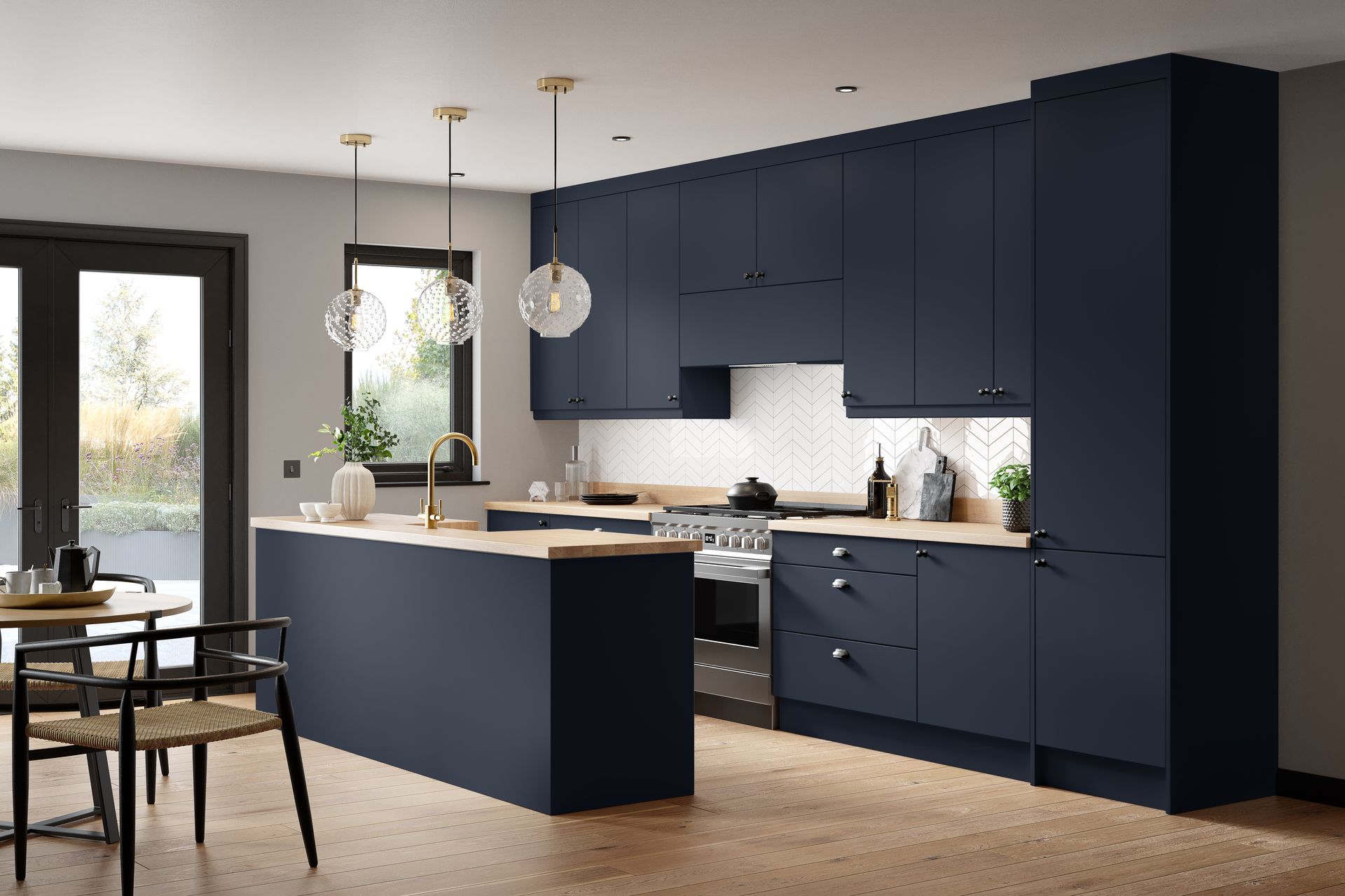 Modern kitchen with dark navy cabinets, light wood countertops, a central island, and contemporary pendant lighting.