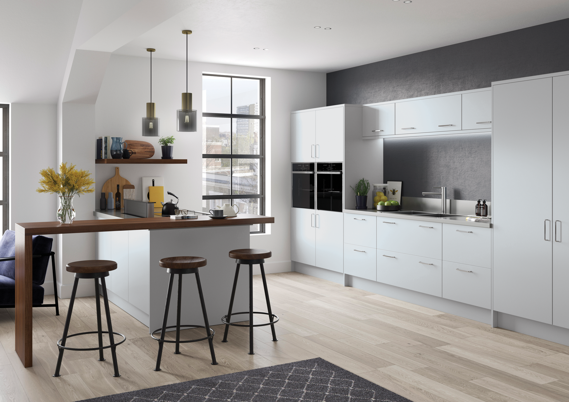 Modern kitchen with white cabinets, a wooden island breakfast bar with three stools, and a large window.