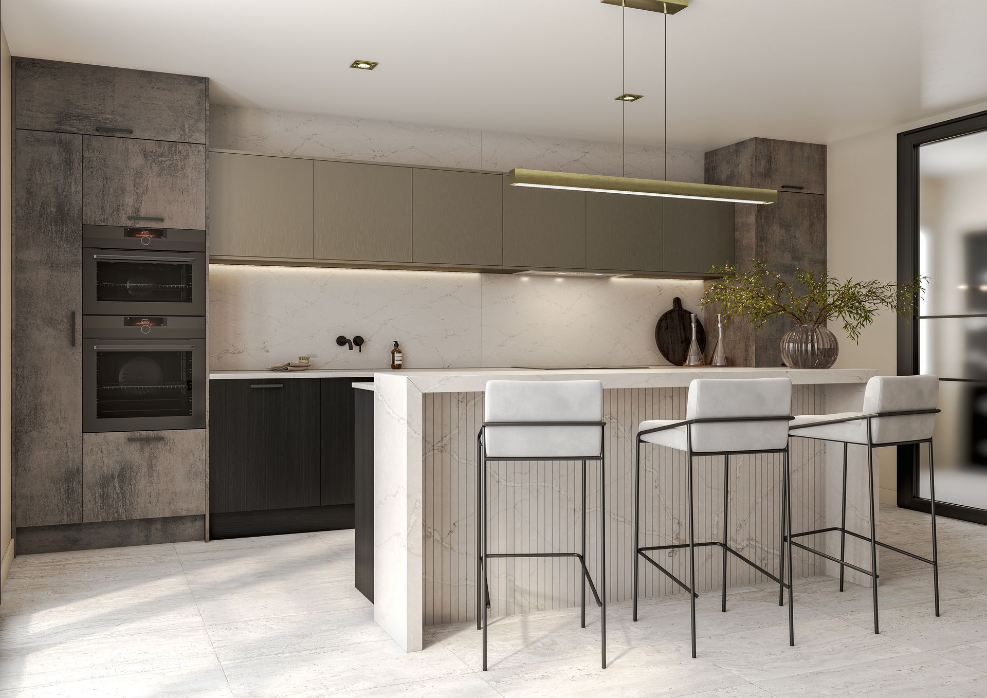 Modern kitchen featuring grey cabinets, a stone-patterned tower oven, and a white kitchen island with three bar stools.