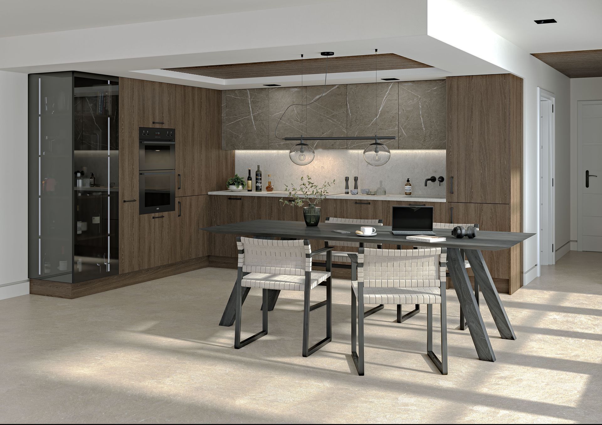 A modern kitchen with wood cabinets, dark stone backsplashes, a sleek dining table, and light-colored tiled flooring.