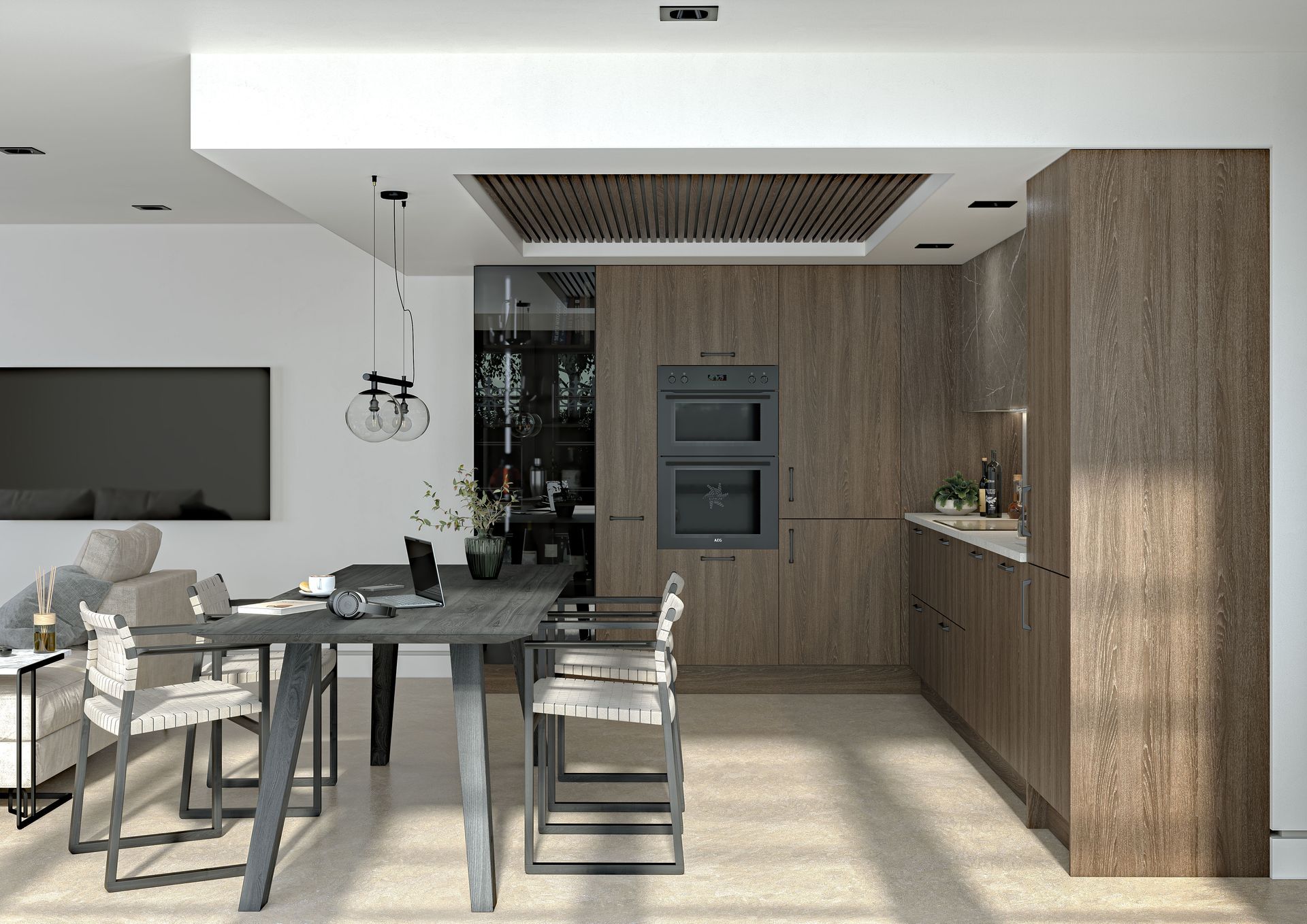 A modern dining area and kitchen with dark wood cabinetry, a gray dining table, and light-toned floors.