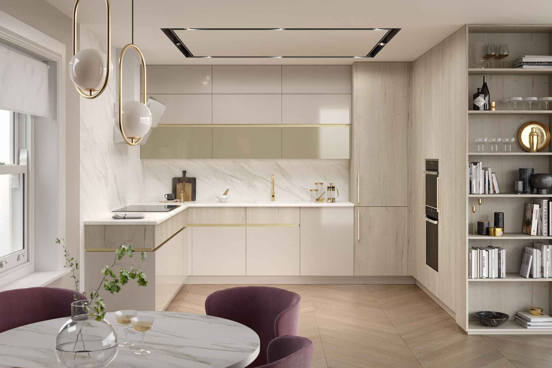 Modern kitchen with light wood cabinets, cream countertops, white marble backsplash, and a tall, open shelving unit.