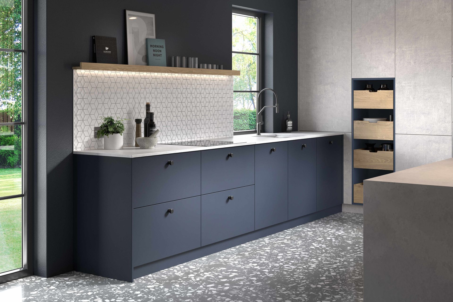 A modern kitchen with dark blue cabinetry, white countertops, a light-colored tiled backsplash, and open shelving.