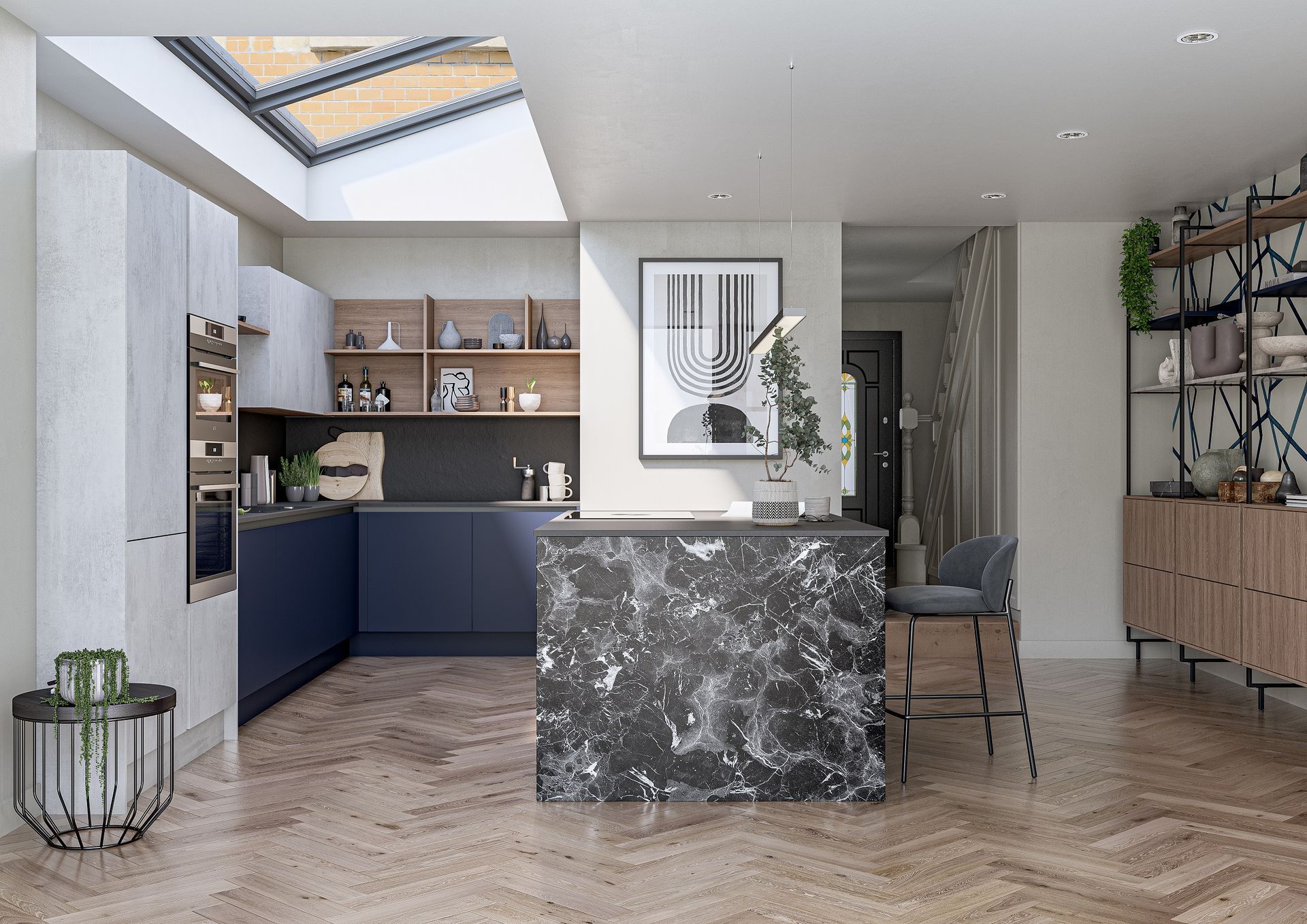 Modern kitchen featuring dark blue cabinets, a black marble island, light wood shelving, and a glass skylight ceiling.