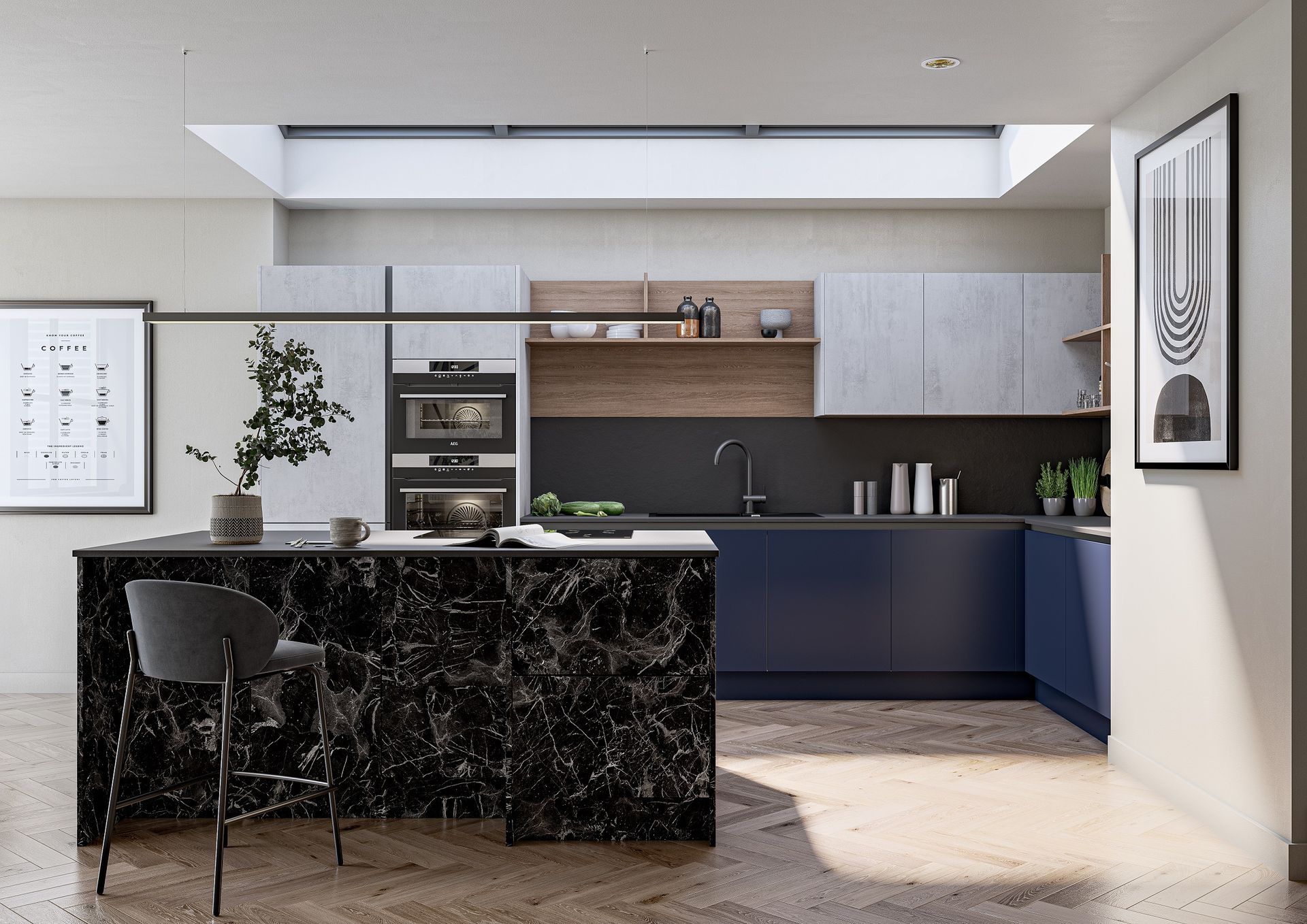 Modern kitchen with a black marble island, dark blue cabinetry, wood shelving, and a skylight under soft natural light.