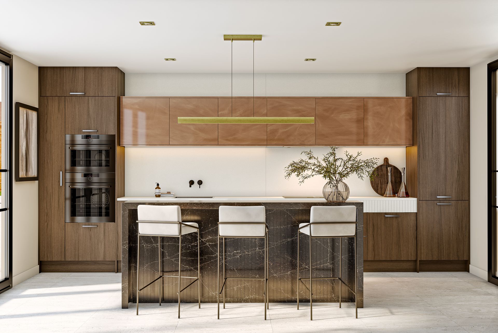A modern kitchen with dark wood cabinetry, a marble island with three white stools, and a gold linear pendant light.
