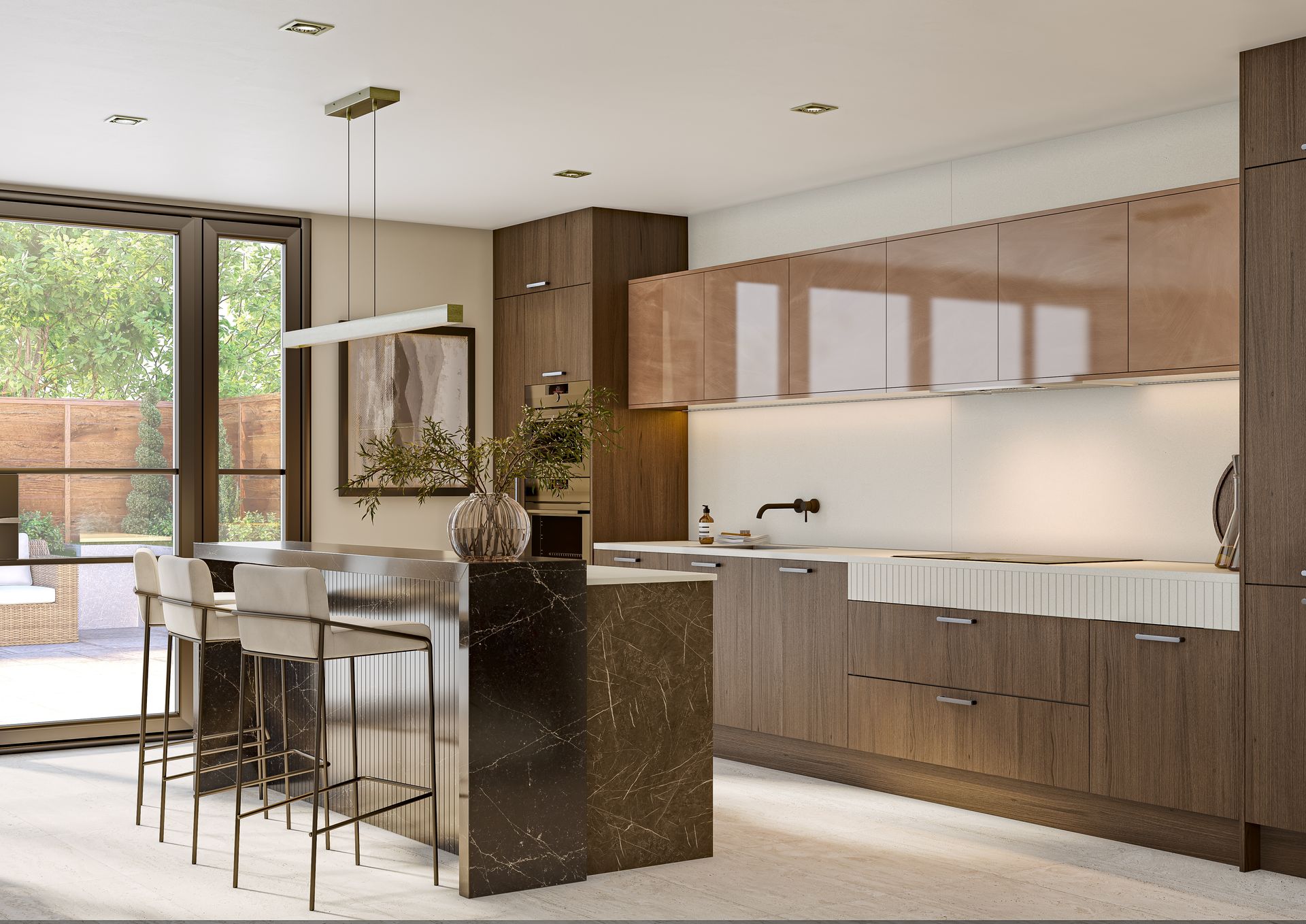 Modern kitchen with wood cabinetry, a dark marble island with bar stools, and a minimalist hanging light fixture.