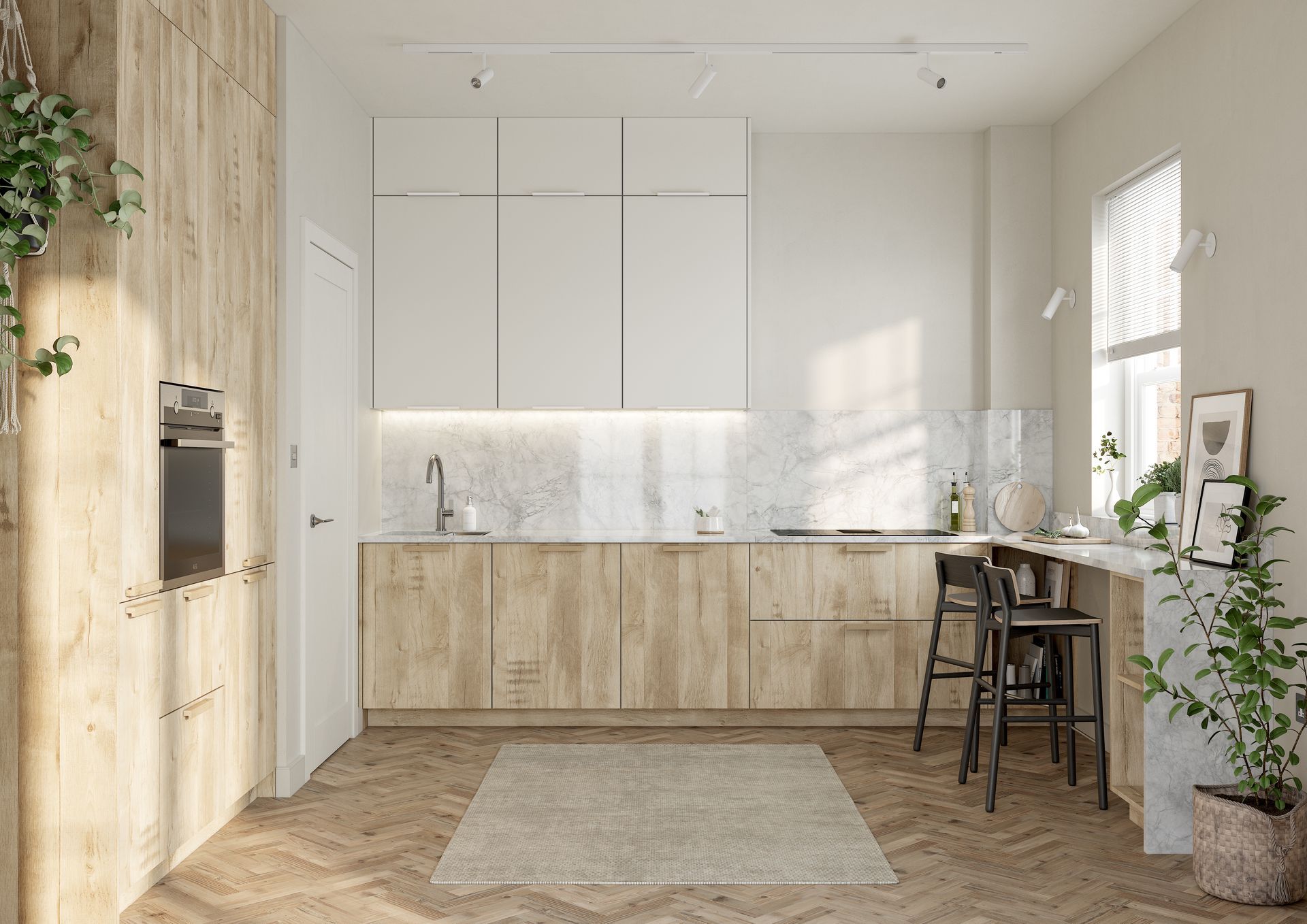Modern kitchen with light wood cabinets, white upper cabinets, marble backsplash, a breakfast bar, and herringbone floors.